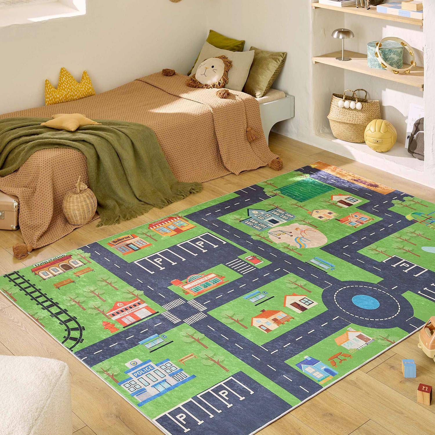 Viny - Alfombra interior infantil color blanco e impreso mini ciudad