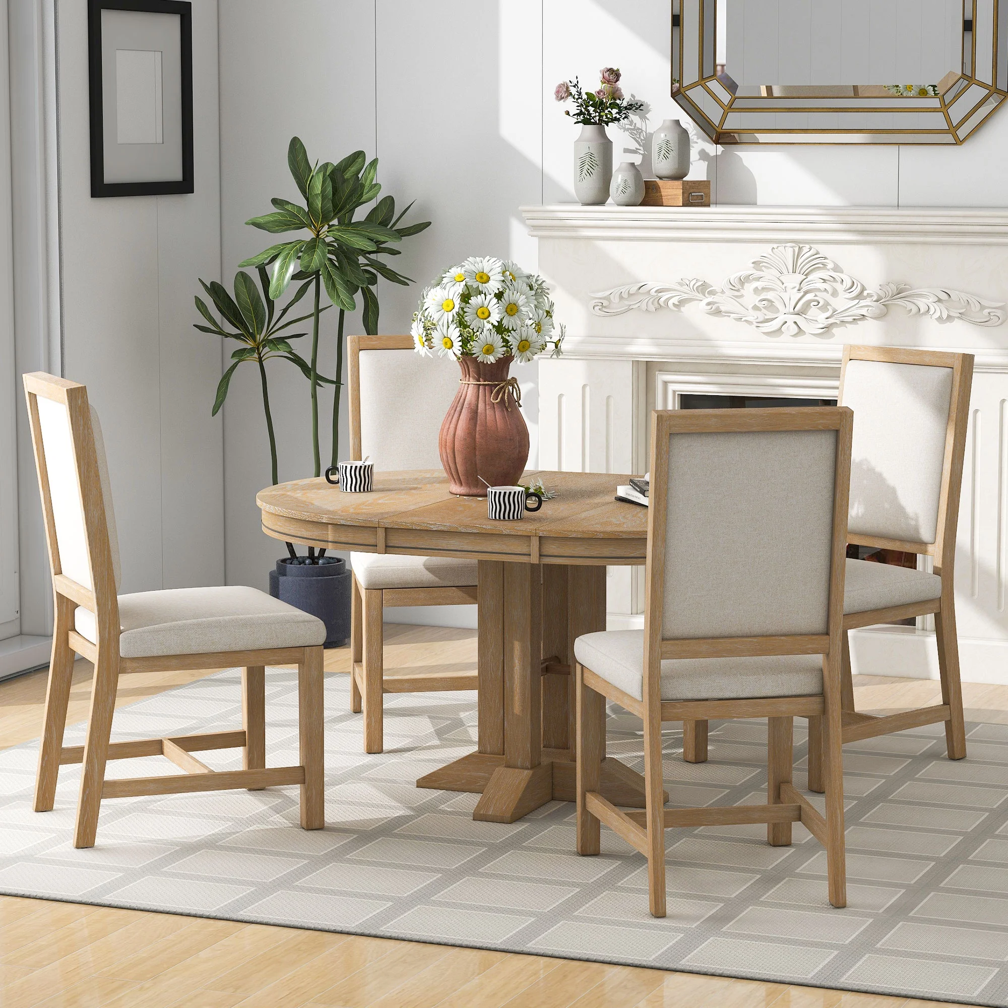 5 Piece Round Dining Table Set, Dining Room Set with Extendable Table and 4 Upholstered Chairs, Wood Dining Table Set for 4, Farmhouse Dining Table Set for Kitchen Dining Room Dorm Apartment, Brown - Image 2
