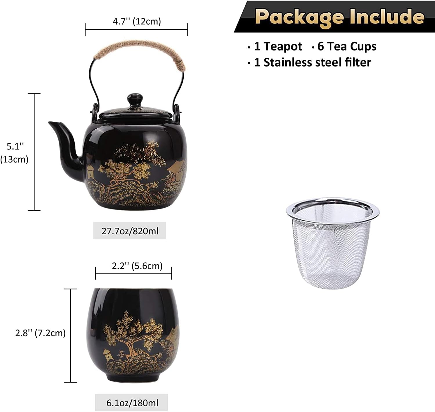 Gift Set Japanese Tea Set, Asian Black Glazed Ceramic Tea Set - Contains 1 Teapot, 1 Tea Strainer and 6 Teacups. Ideal for Home, Outdoor, Office (Black2)