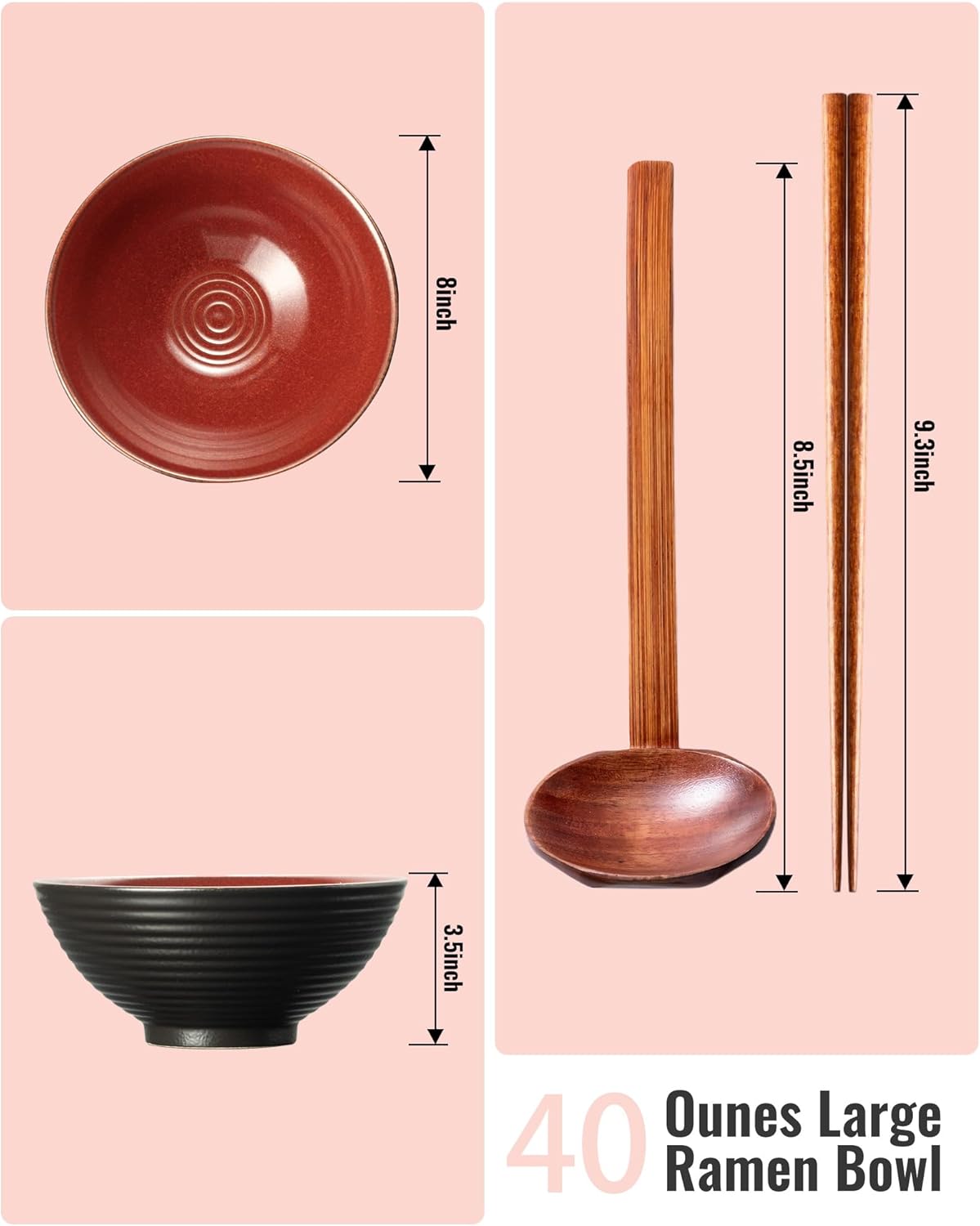 Large Japanese Ramen Bowl Set of 4, Material Safety Ceramic Ramen Bowls with Matching Chopsticks and Spoons, 8 Inch 40oz Pho Bowls Ramen Noodle Bowl for Asian Udon Soup Salad Cereal(Red)