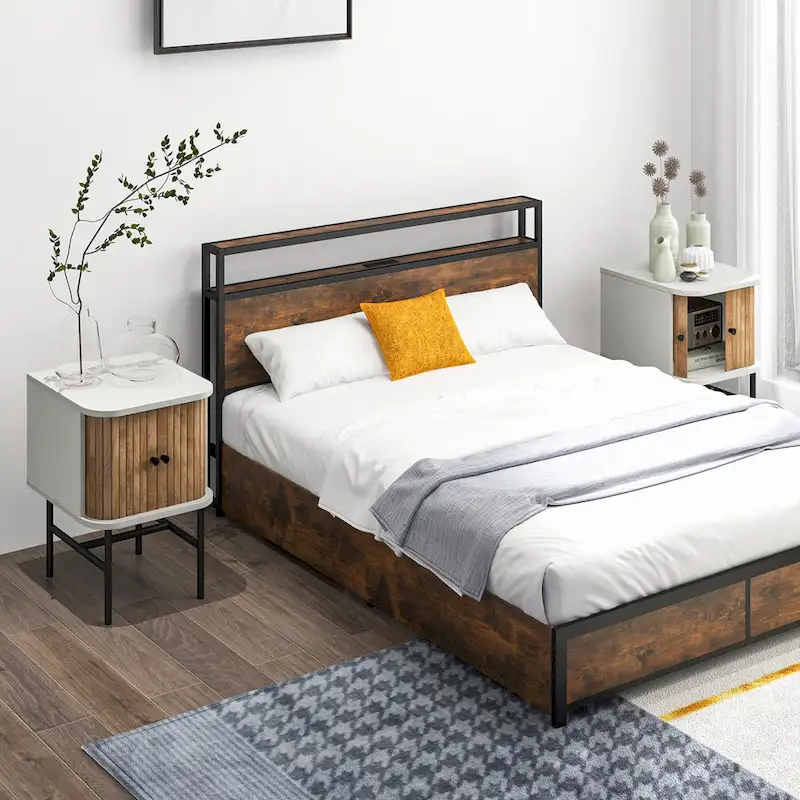 Gymax Set of 2 Compact Modern Nightstands with Sliding Drawer