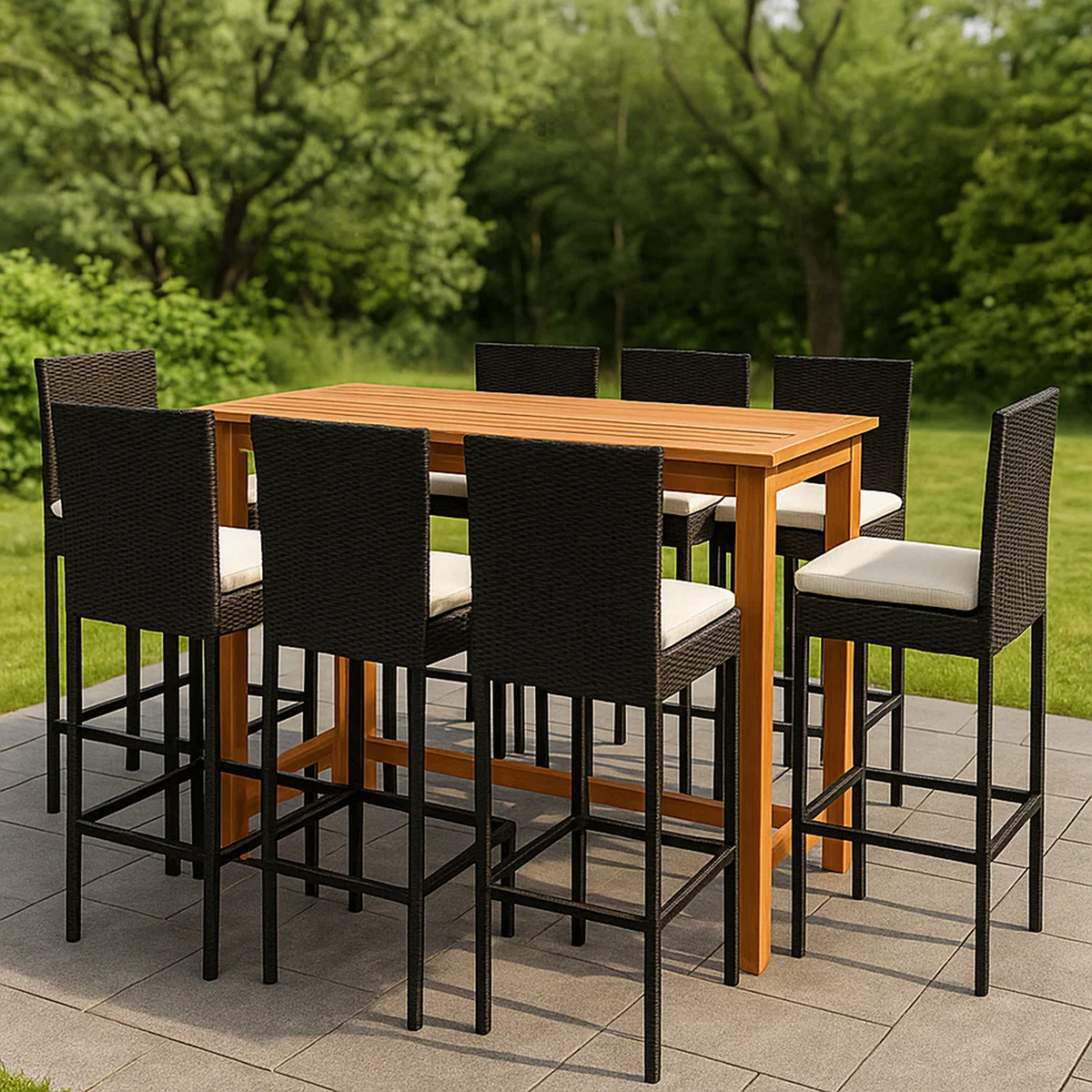 Conjunto de bar para jardín 9 pzas ratán sintético negro con cojines – mesa alta madera y 8 taburetes