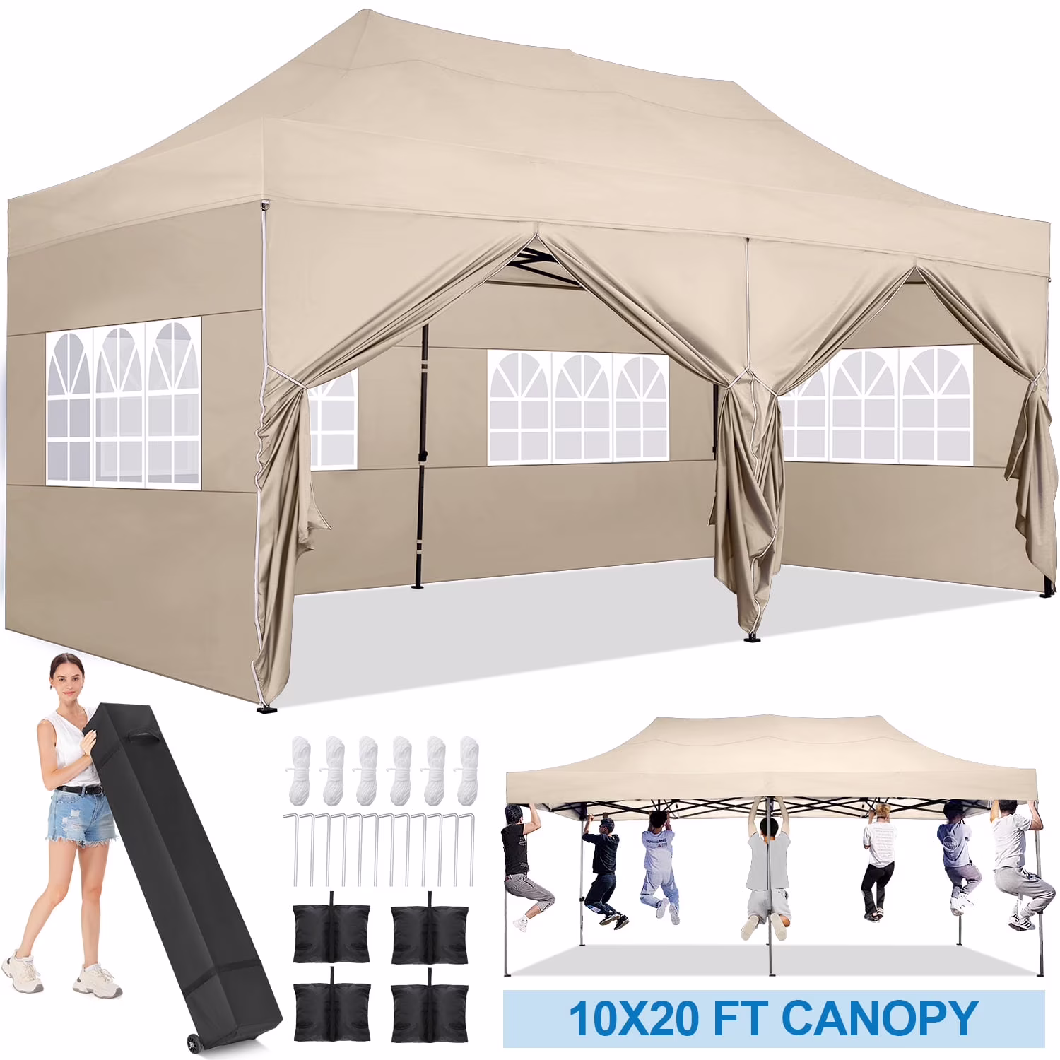 10'X20' Pop up Canopy Waterproof Folding Tent Outdoor Easy Set - up Instant Tent Heavy Duty Commercial Wedding Party Shelter with 6 Removable Sidewalls, 4 Sandbags, Roller Bag, Khaki(Khaki 10'x20'w/6 Sidewalls)