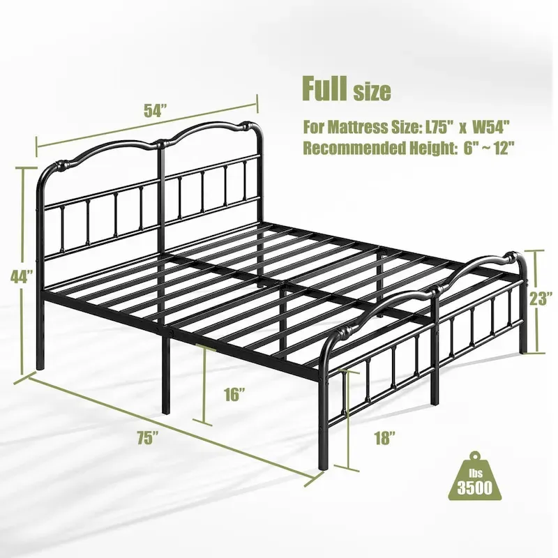 Sturdy 18-Inch High Steel Tube Iron Bed with Double Wave Headboard and Footboard