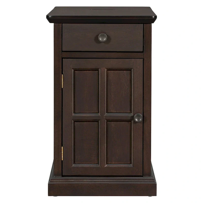 Retro-Inspired Living Room Side Table with USB Ports, Multifunctional Drawer, and Cup Holders