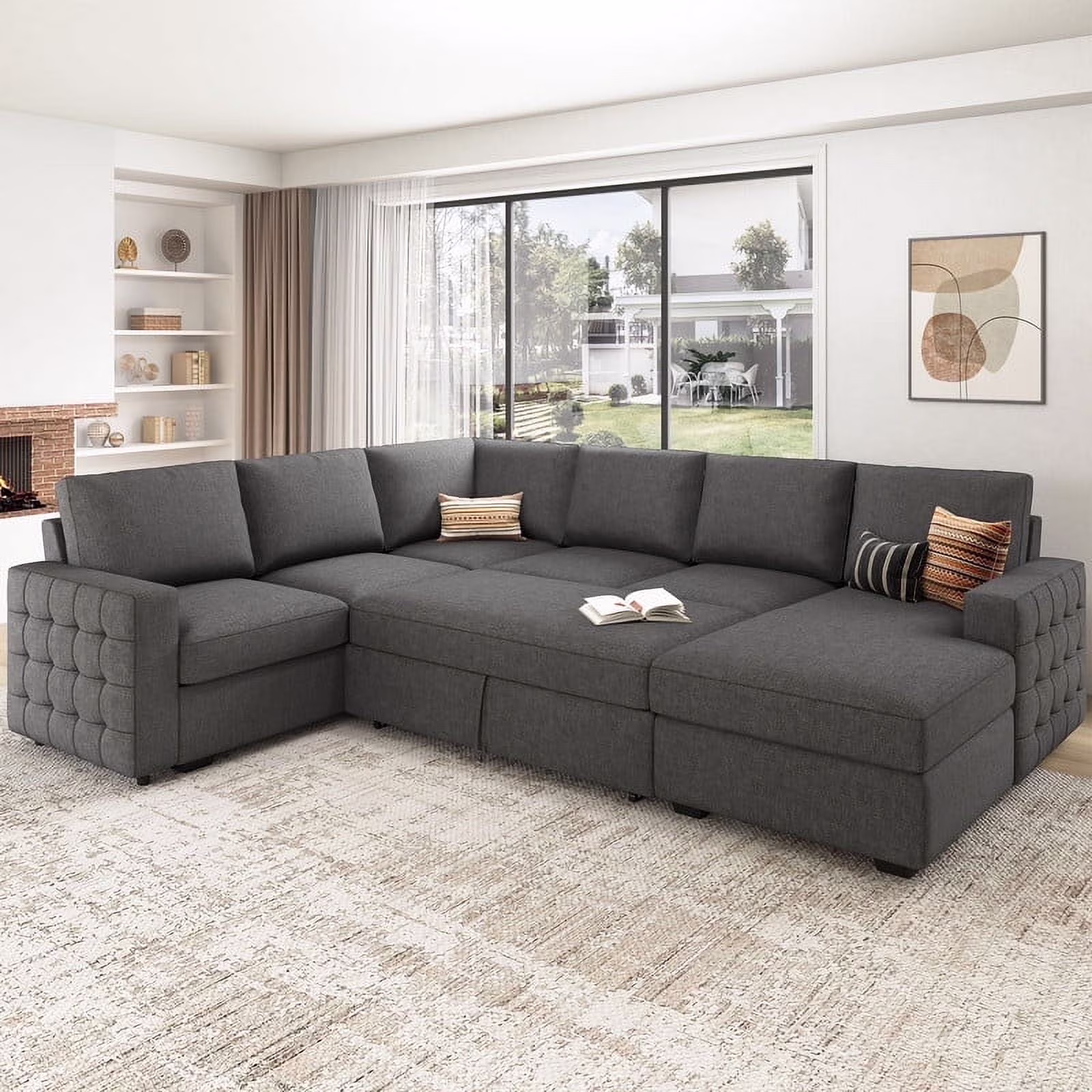 HONBAY Modular Sectional Pull-Out Sofa Bed with Storage Velvet U-Shaped Convertible Sleeper Sofa for Living Room, Blue - Image 11
