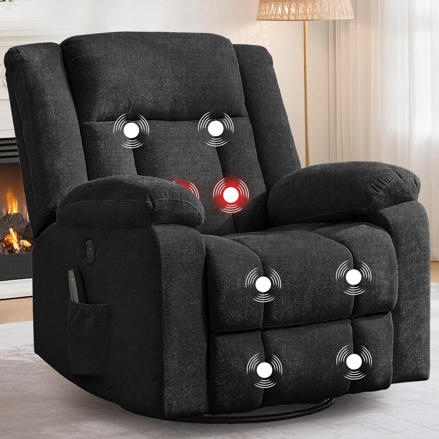 Rocker Recliner, Glider Recliner Chairs for Adults, 360° Swivel Rocking Chair with Massage and Heating, Nursery Chair with Storage and USB Charging for Living Room, Bedroom, Nursery