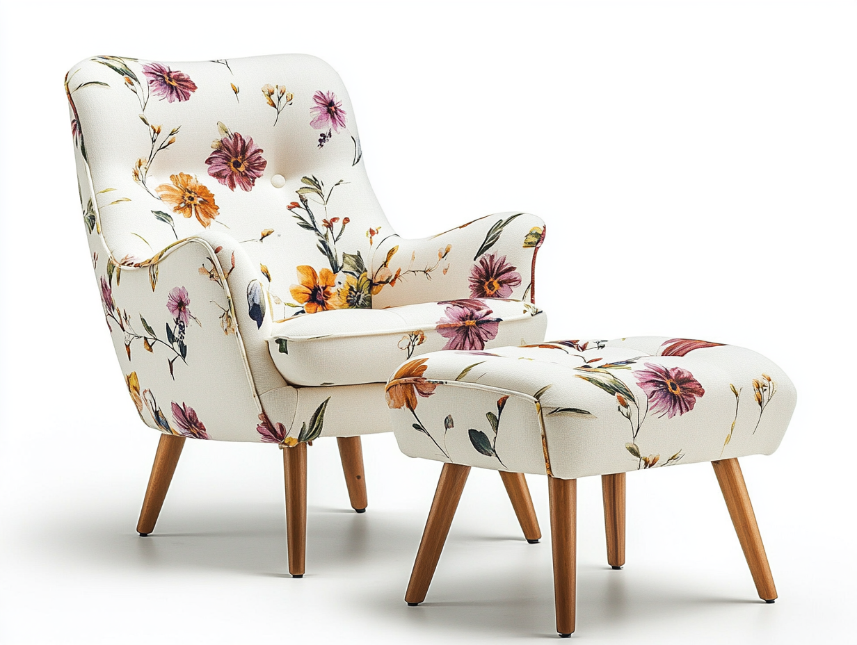Sillón con reposapiés 70×85×95 cm – blanco con flores multicolor tela – con patas de madera para sala de estar