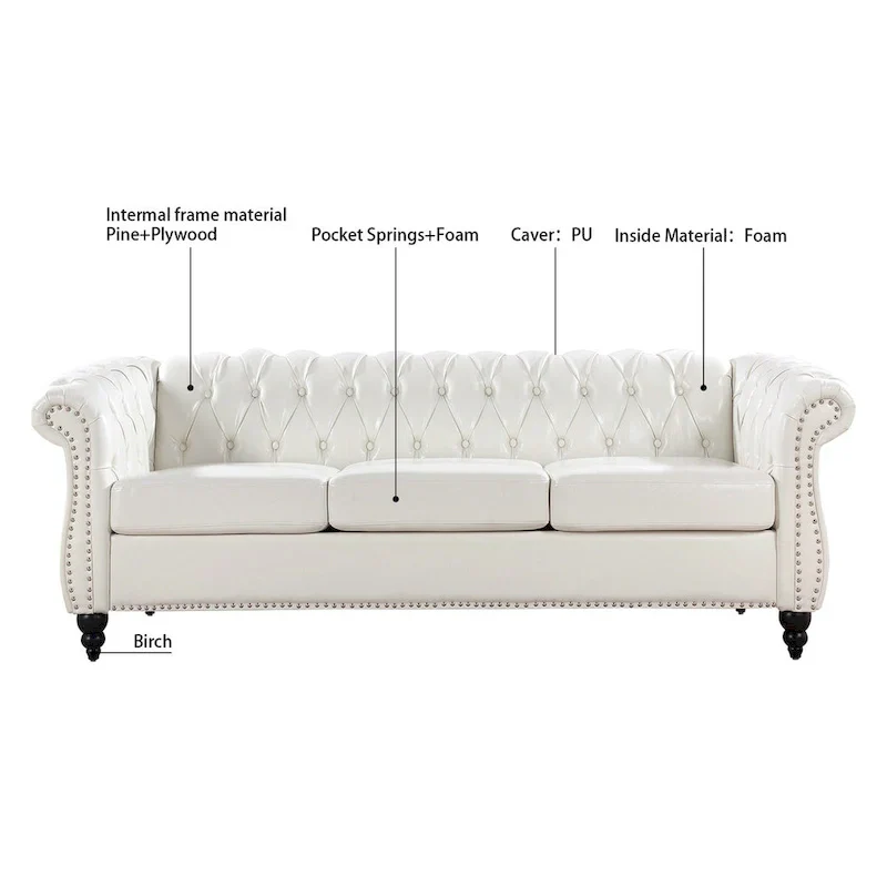 Cream 84.65 Traditional Chesterfield 3-Seater Sofa in PU Leather