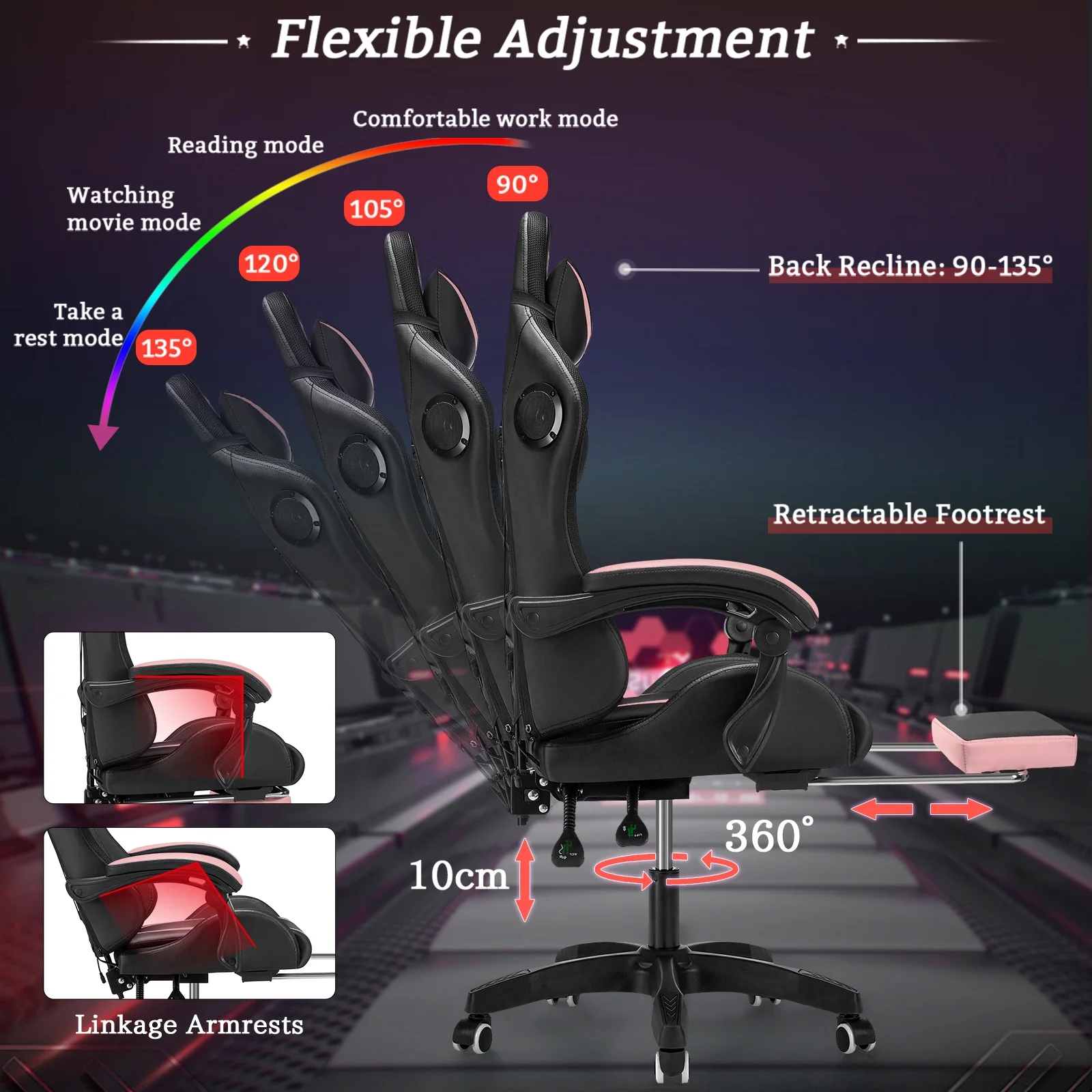 Hoffree Gaming Chair with Speakers PU Leather Office Chair with Footrest and LED Lights Ergonomic Gamer Chair with Massage Lumbar Support and Headrest Adjustable Swivel for Home Office 300lb - Image 23