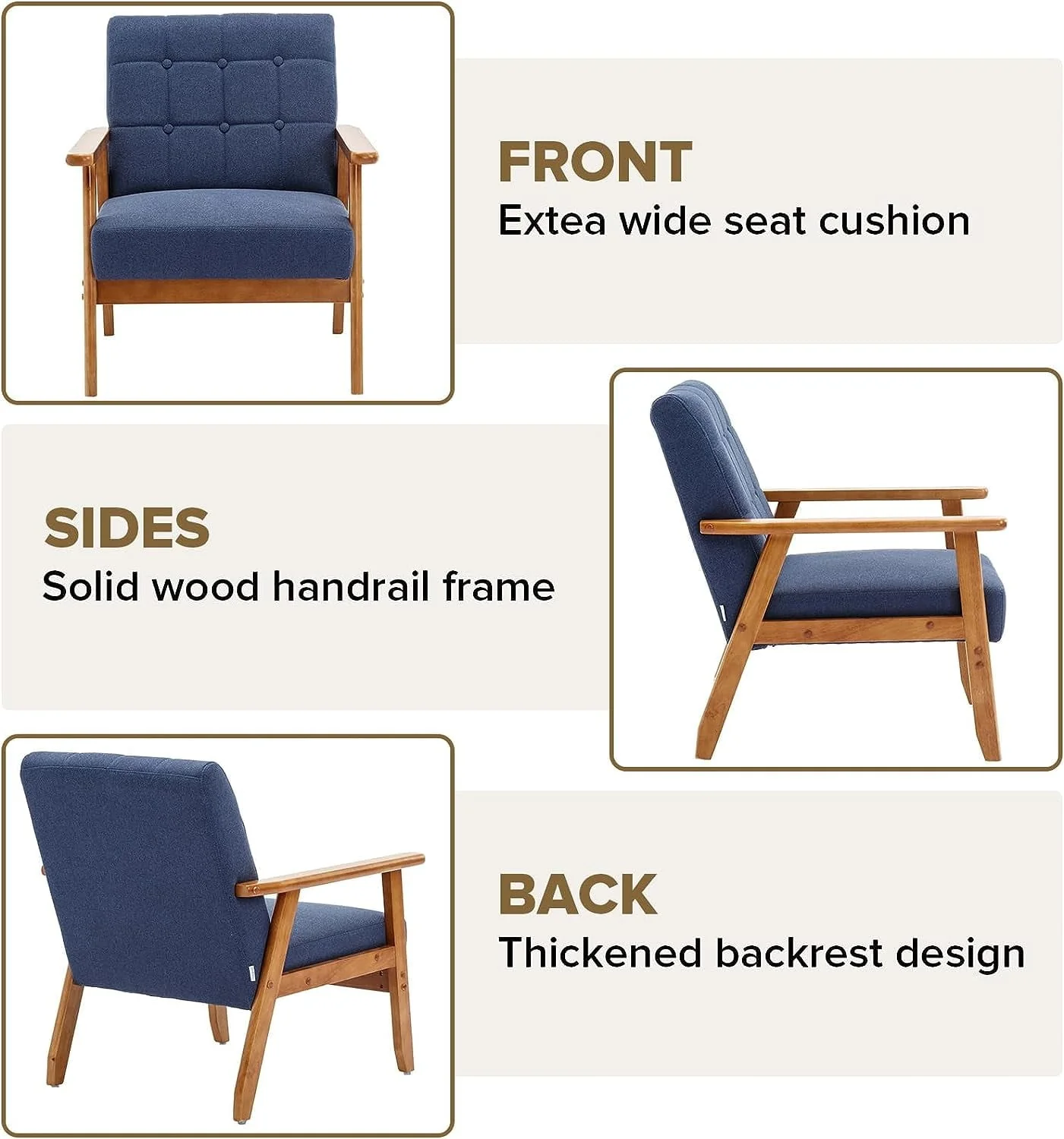 Ufurpie Mid Century Modern Armchair with Wood Frame,Linen Fabric Comfy Reading Chair,Accent Chair for Living Room Bedroom,Navy - Image 15