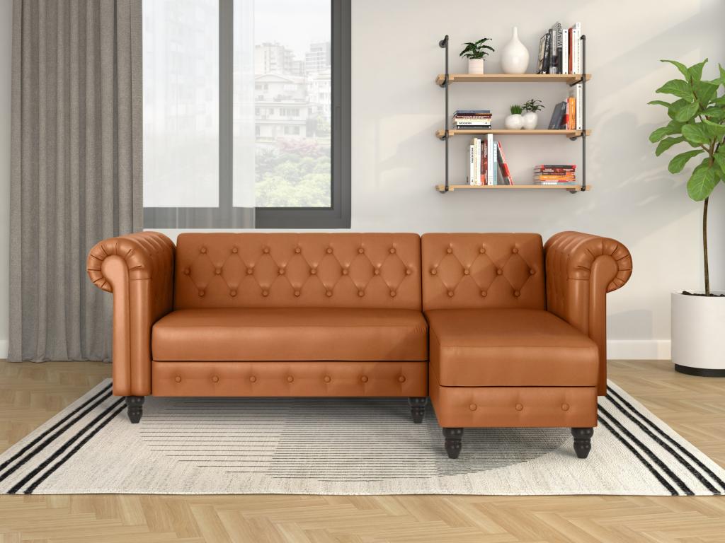 Sofá cama chaise longue en pu coñac