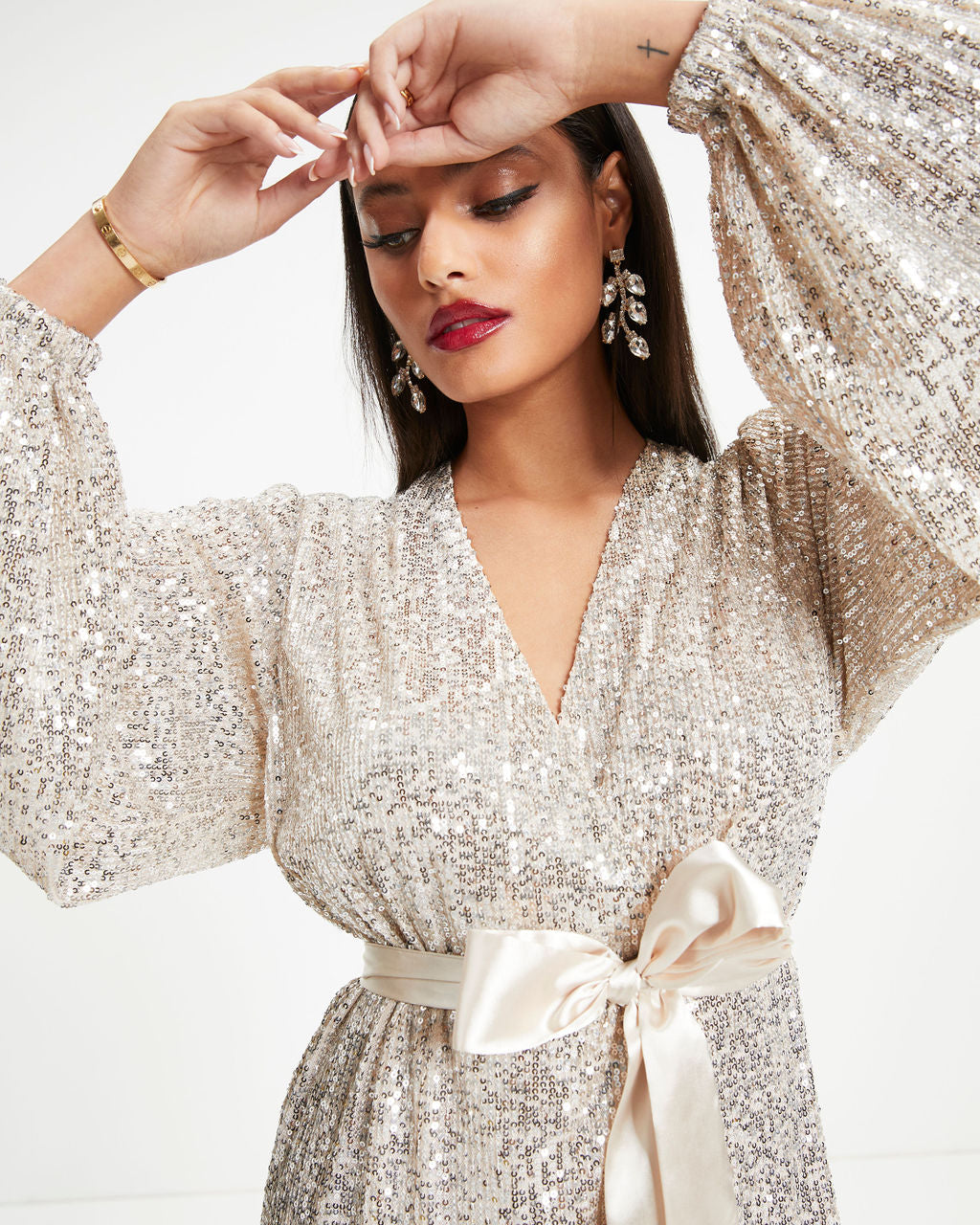 Leave A Little Sparkle Wrap Mini Dress - Champagne - Se7enfashion