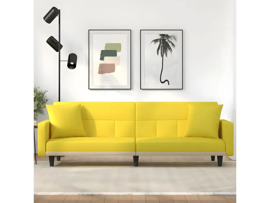 Sofá cama con cojines tela amarillo claro