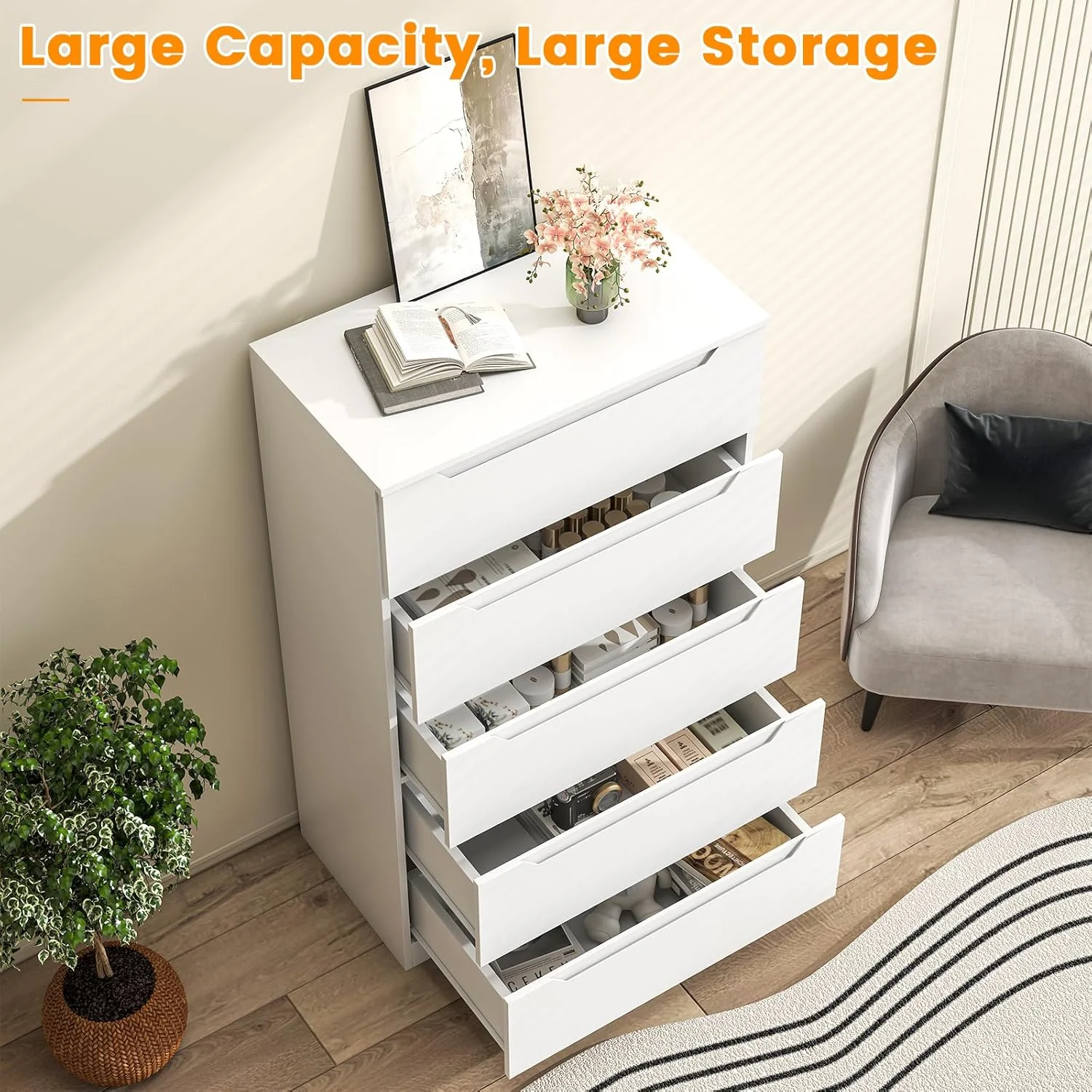 Winkalon Vertical 5 Drawer Dresser, Wood Storage Cabinet with Upgraded Stable Base for Bedroom Living Room, Black - Image 11
