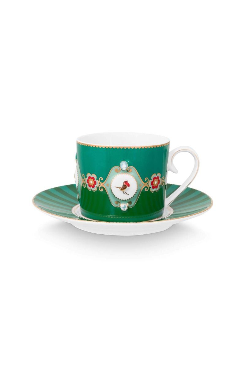 Cup & Saucer Love Birds Medallion Emerald-Green