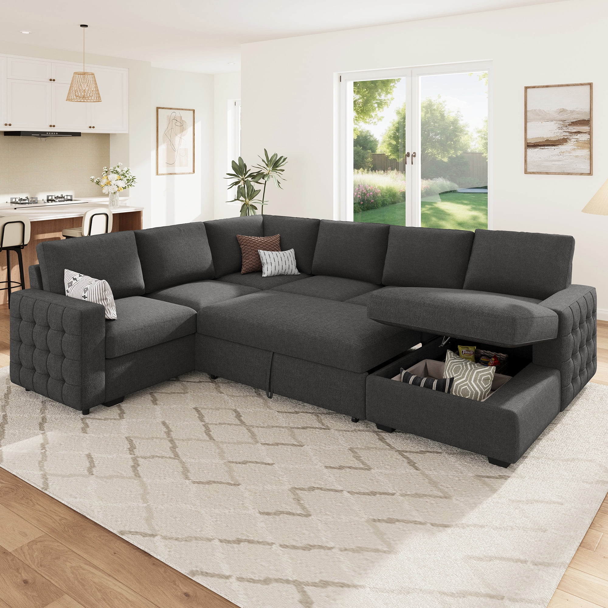 HONBAY Modular Sectional Pull-Out Sofa Bed with Storage Velvet U-Shaped Convertible Sleeper Sofa for Living Room, Blue - Image 49