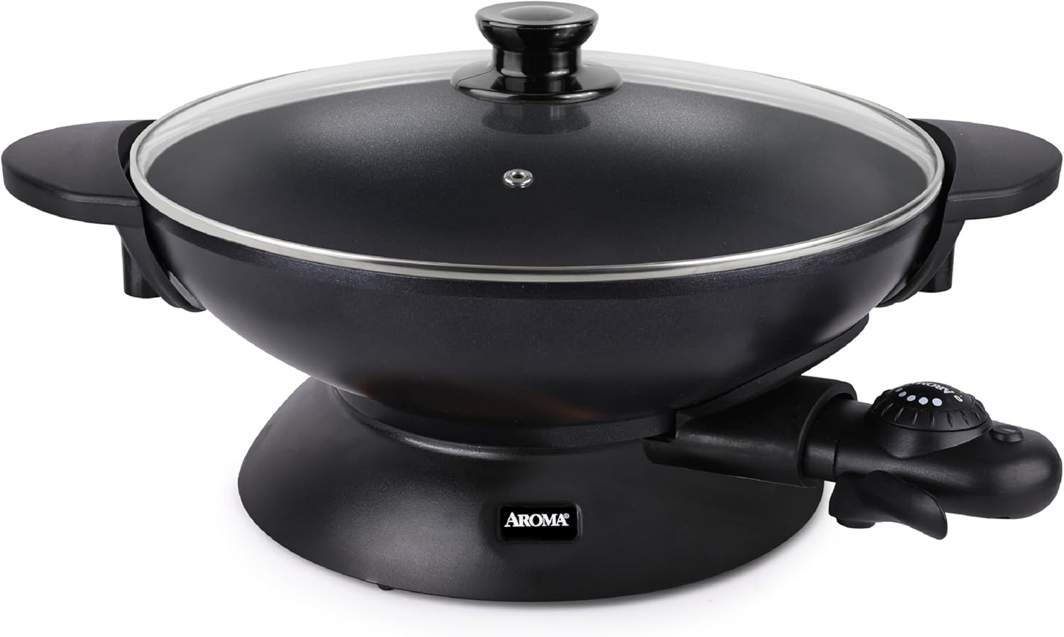 Aroma Housewares AEW-306 Electric Wok with Tempered Glass Lid Easy Clean Nonstick, Cooking Chopsticks, Tempura and Steaming Racks, Professional Model, Black