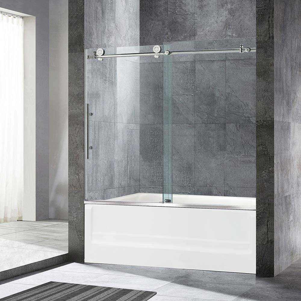 Woodbridge Frameless Sliding Bathtub Door. 56 inch-60 inch Width. 62 inch Height. 3/8 inch (10 mm) Clear Tempered Glass. Chrome Finish. Designed for