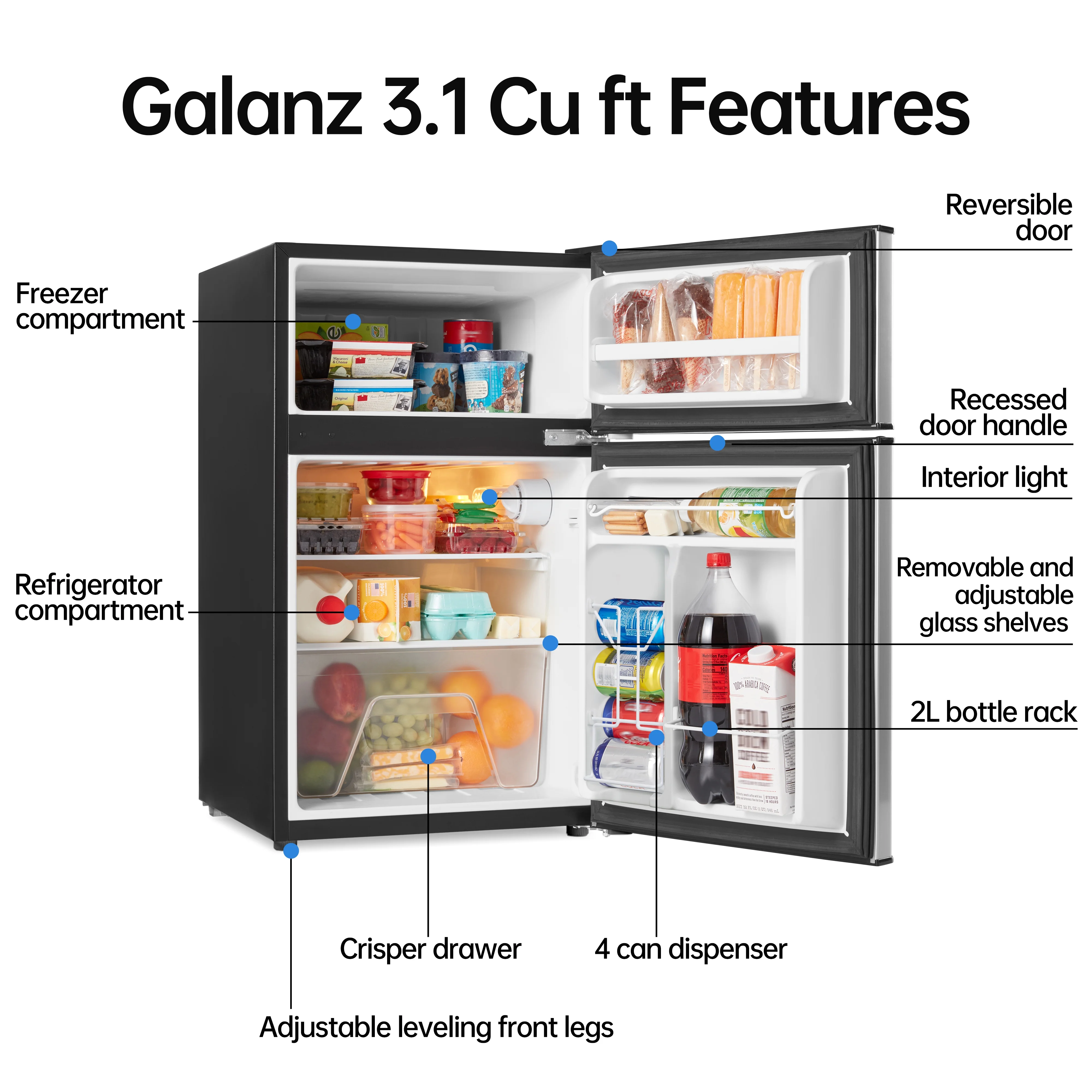 Galanz 3.1 Cu ft Two Door Mini Fridge, Black, New - Image 13