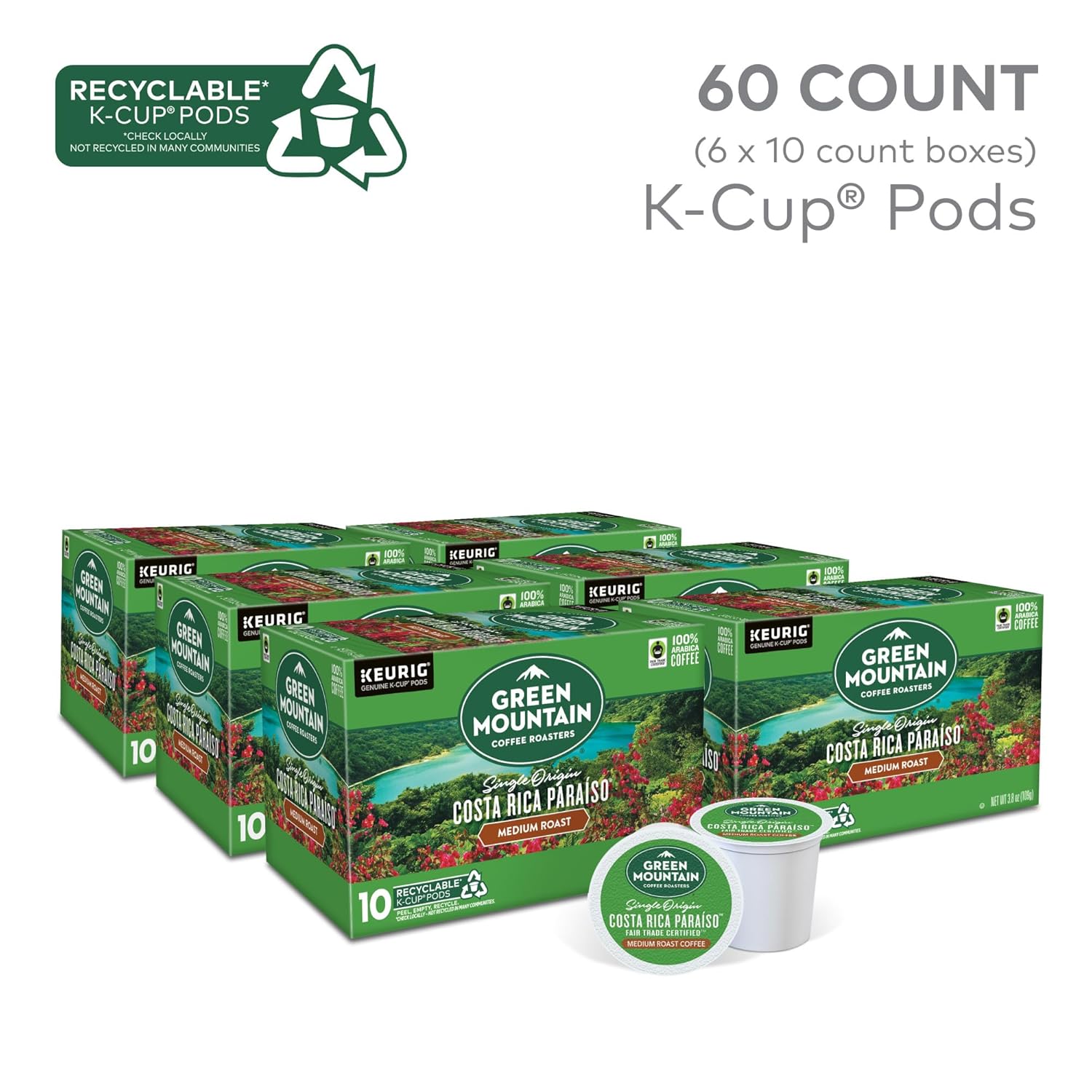 Green Mountain Coffee Roasters Costa Rica Paraiso. Keurig Single Serve K-Cup Pods. Medium Roast Coffee. 60 Count. (6 Packs of 10)