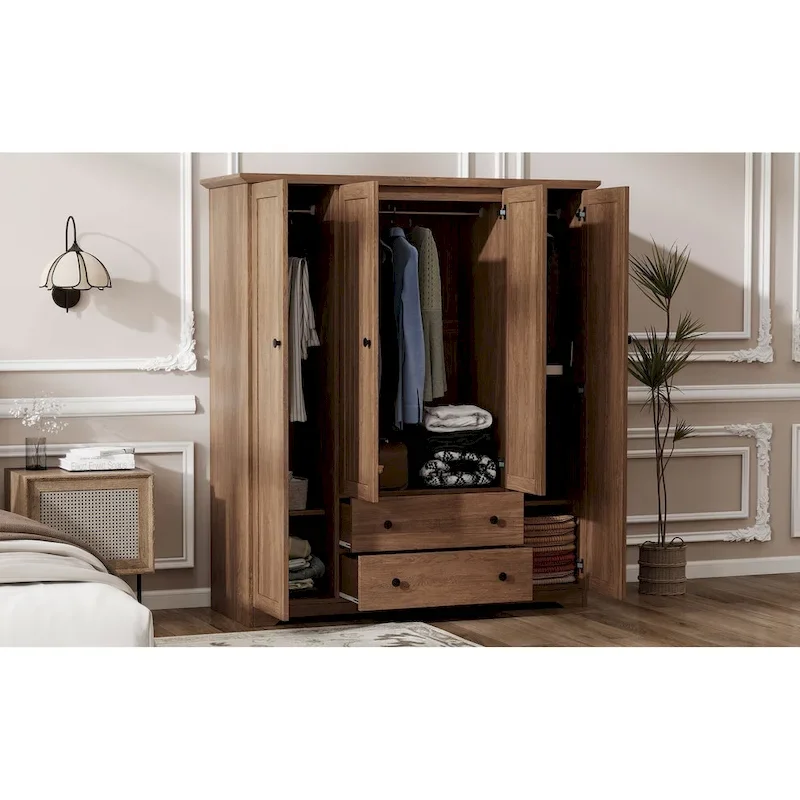 Freestanding 4-Door Wardrobe Armoire with 2 Drawers and Hanging Rods for Clothes Storage