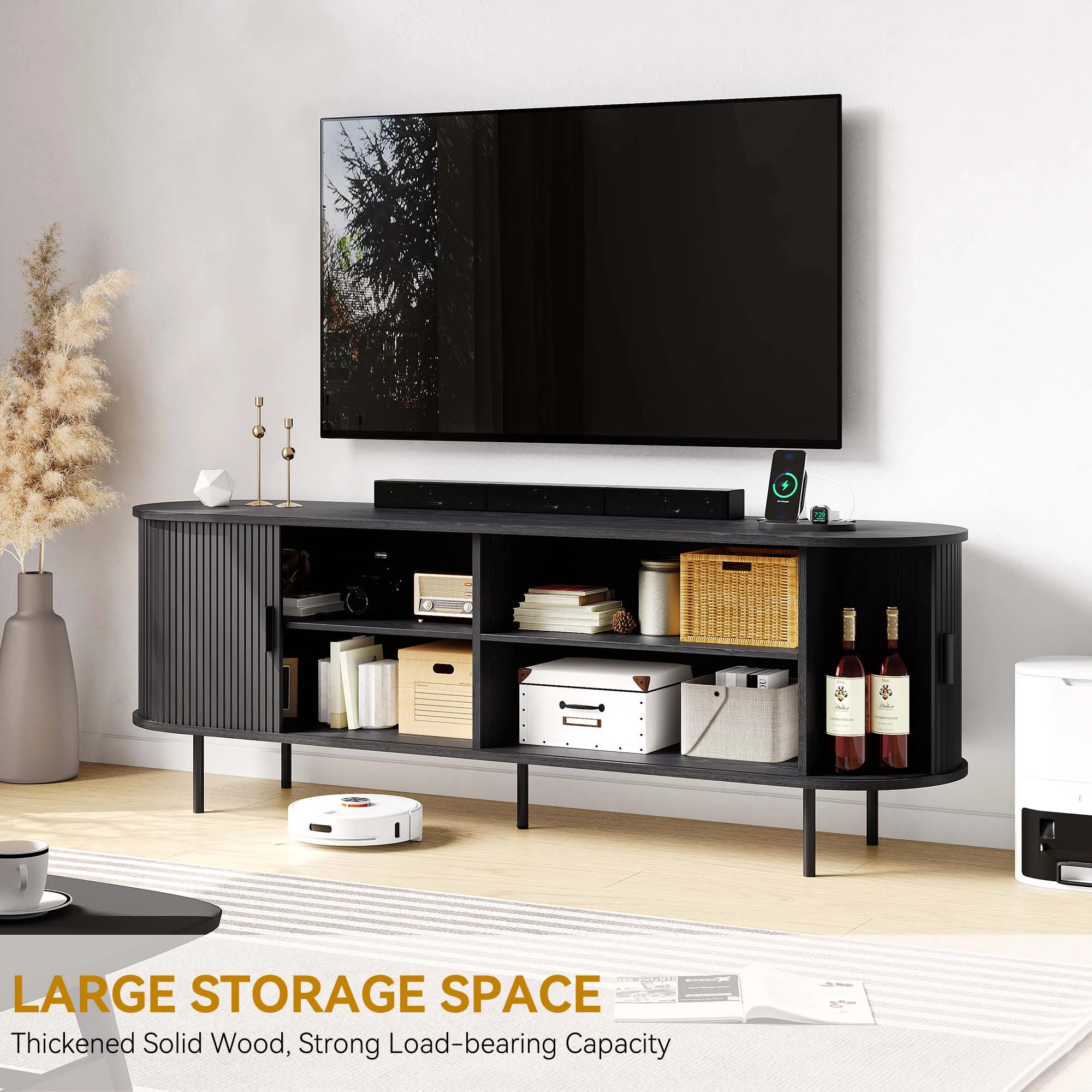 MARNUR 63" TV Stand for 70" TV, Wood Entertainment Center with Storage and Shelves, 2 Sliding Tambour Doors, Mid-Century Modern, Walnut - Image 24