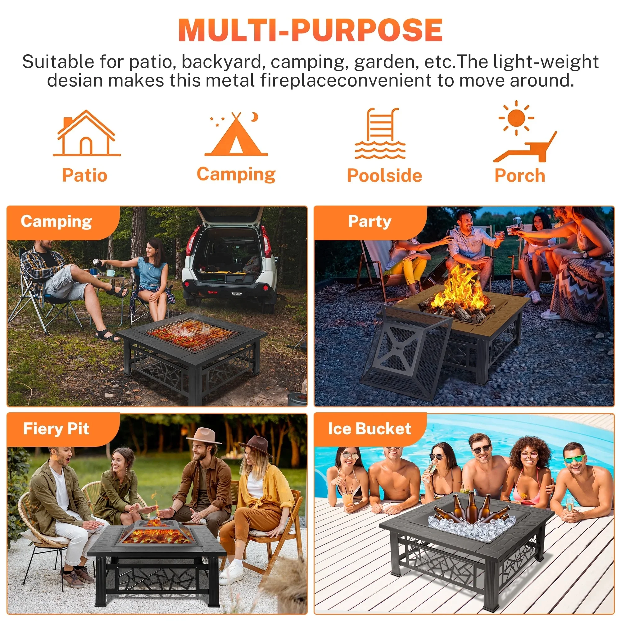 32" Fire Pits for Outside, SYNGAR Wood Burning Bonfire Fire Pit Table with Mesh Lid, Grate, BBQ Grill and Poker, Outdoor Metal Square Fire Pit for BBQ, Camping, Picnics, Backyard - Image 2