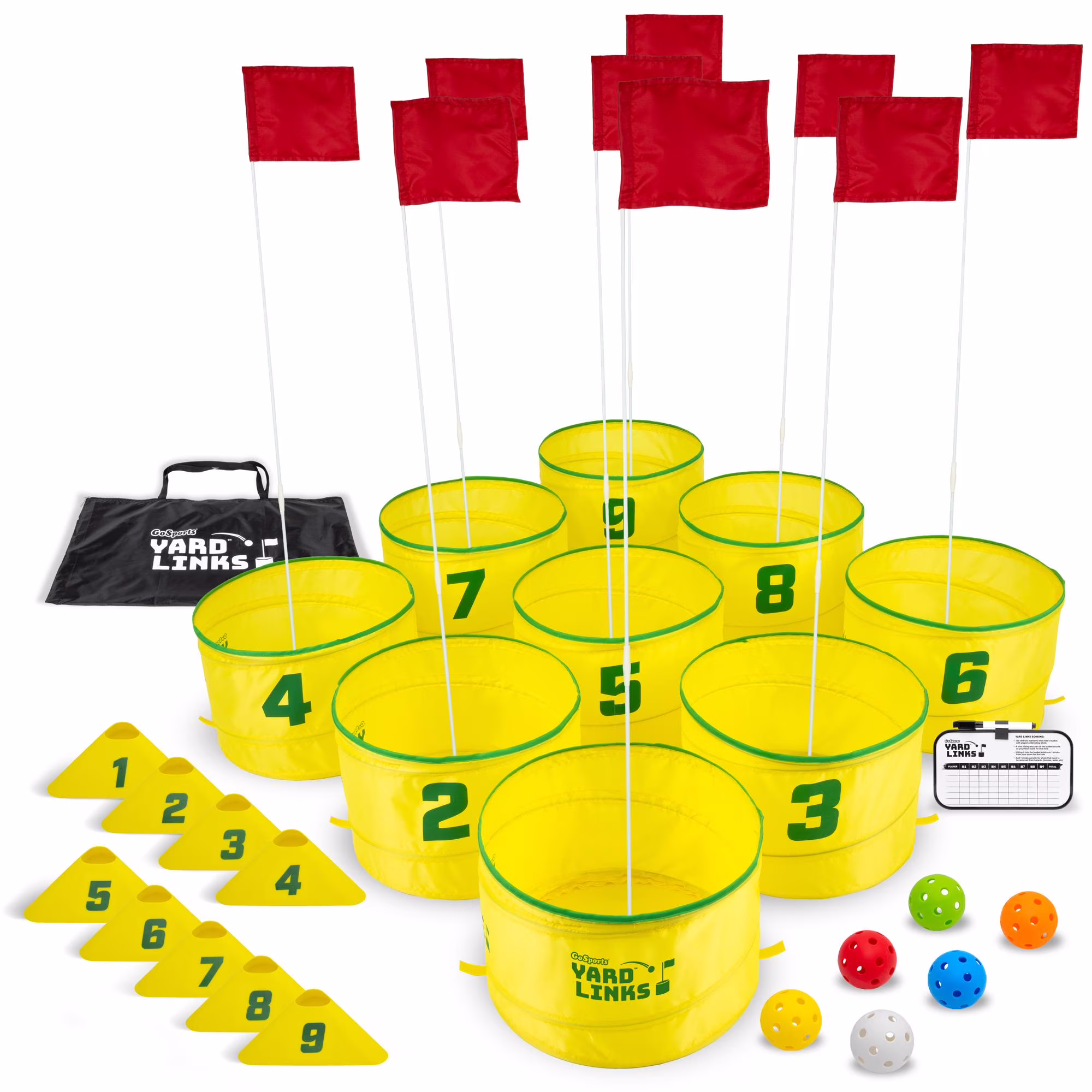 GoSports Yard Links Golf Game with 6 Buckets,  Backyard Practice Golfer Game, Tee Markers and 6 Balls