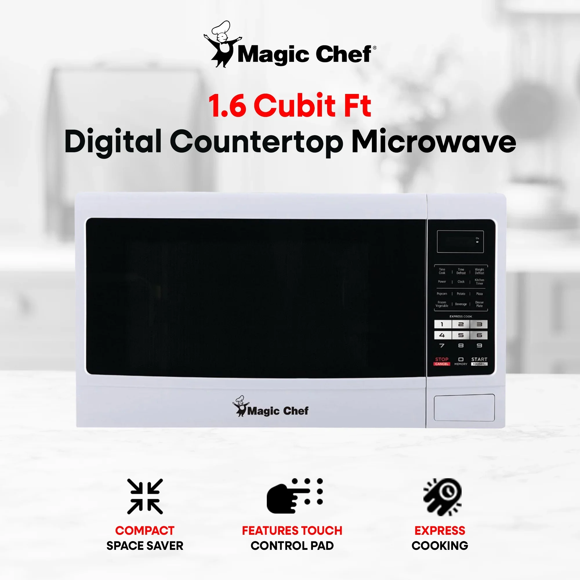 Magic Chef 1.6 Cu. ft. 1100W Countertop Microwave Oven with Push-Button Door in Black, New