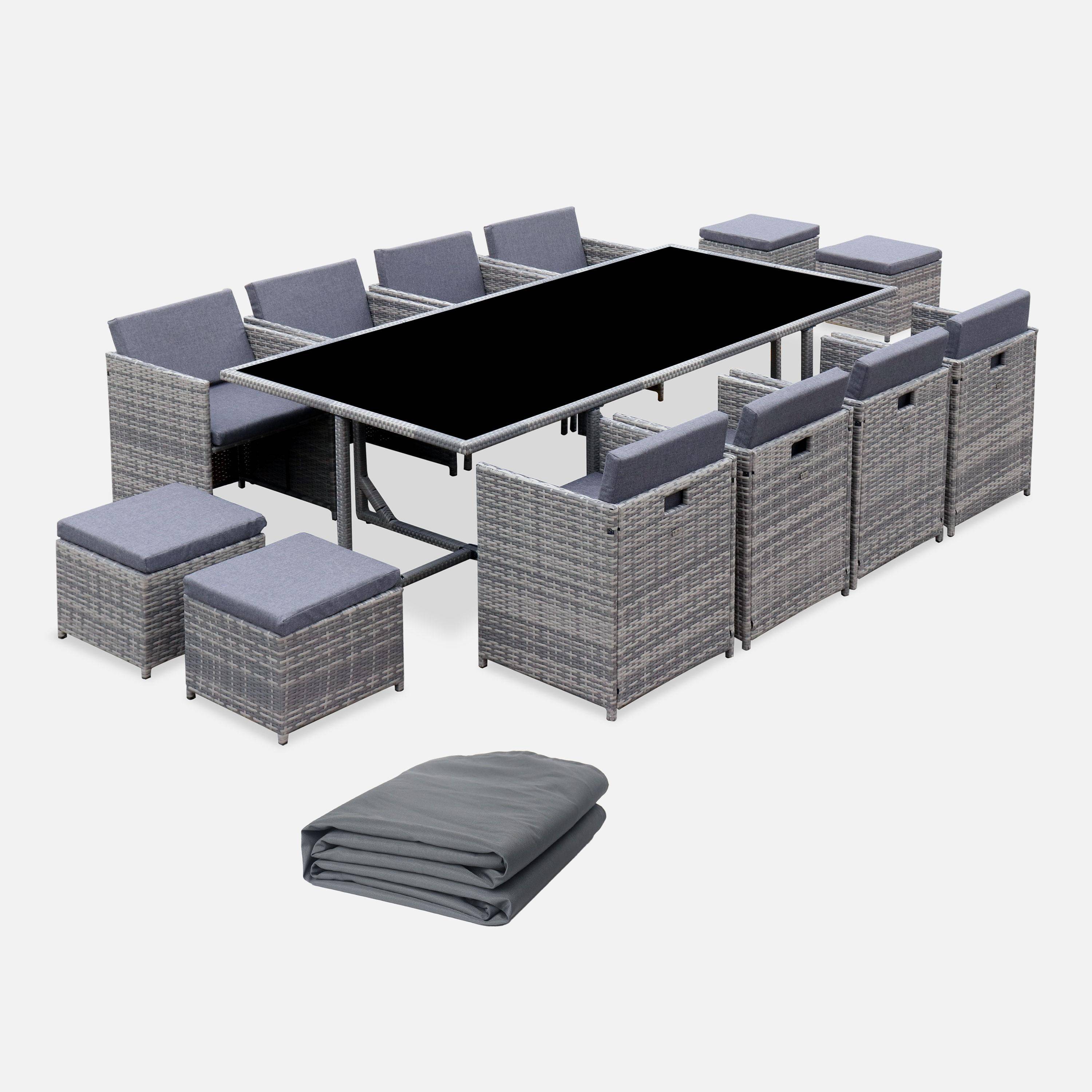 Vabo 12 + funda - Mesa de jardín encastrable de resina trenzada 12 sillones + funda