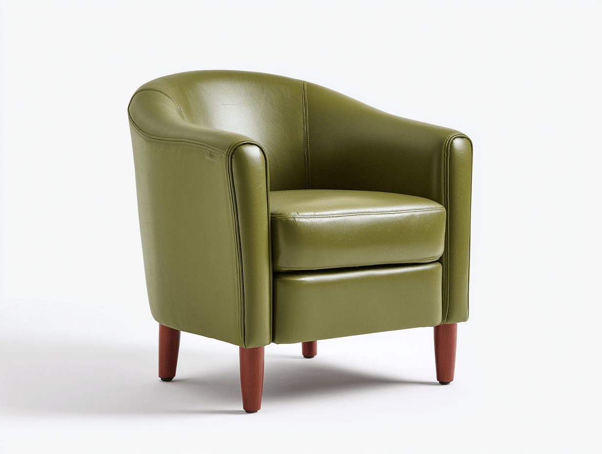 Sillón tapizado – cuero sintético verde oliva – patas de madera estilo contemporáneo