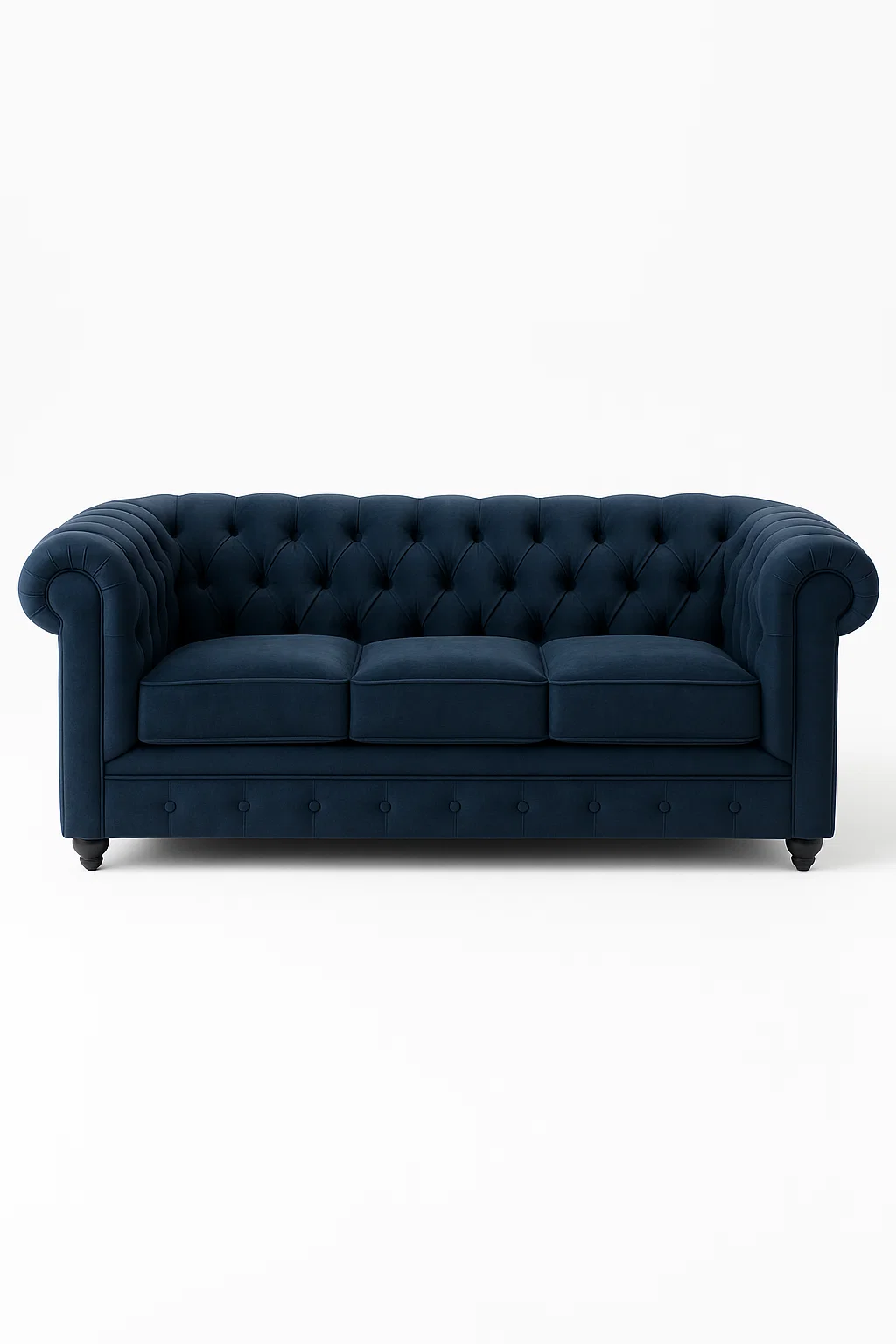 Sofá 3 y 2 plazas en terciopelo azul oscuro con respaldo acolchado, estilo clásico y elegante