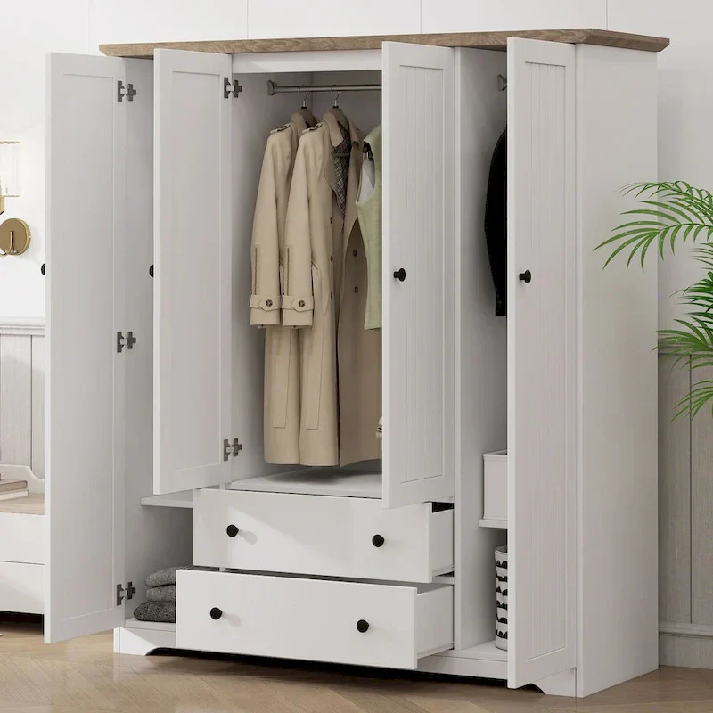 Freestanding 4-Door Wardrobe Armoire with 2 Drawers and Hanging Rods for Clothes Storage