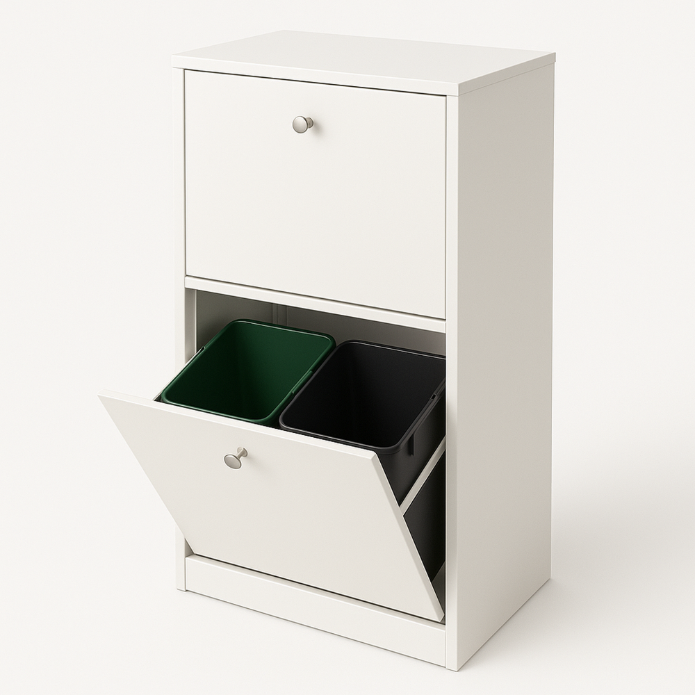 Armario de Reciclaje Blanco con Compartimientos Desplegables de Madera y Plástico 85x50x30 cm