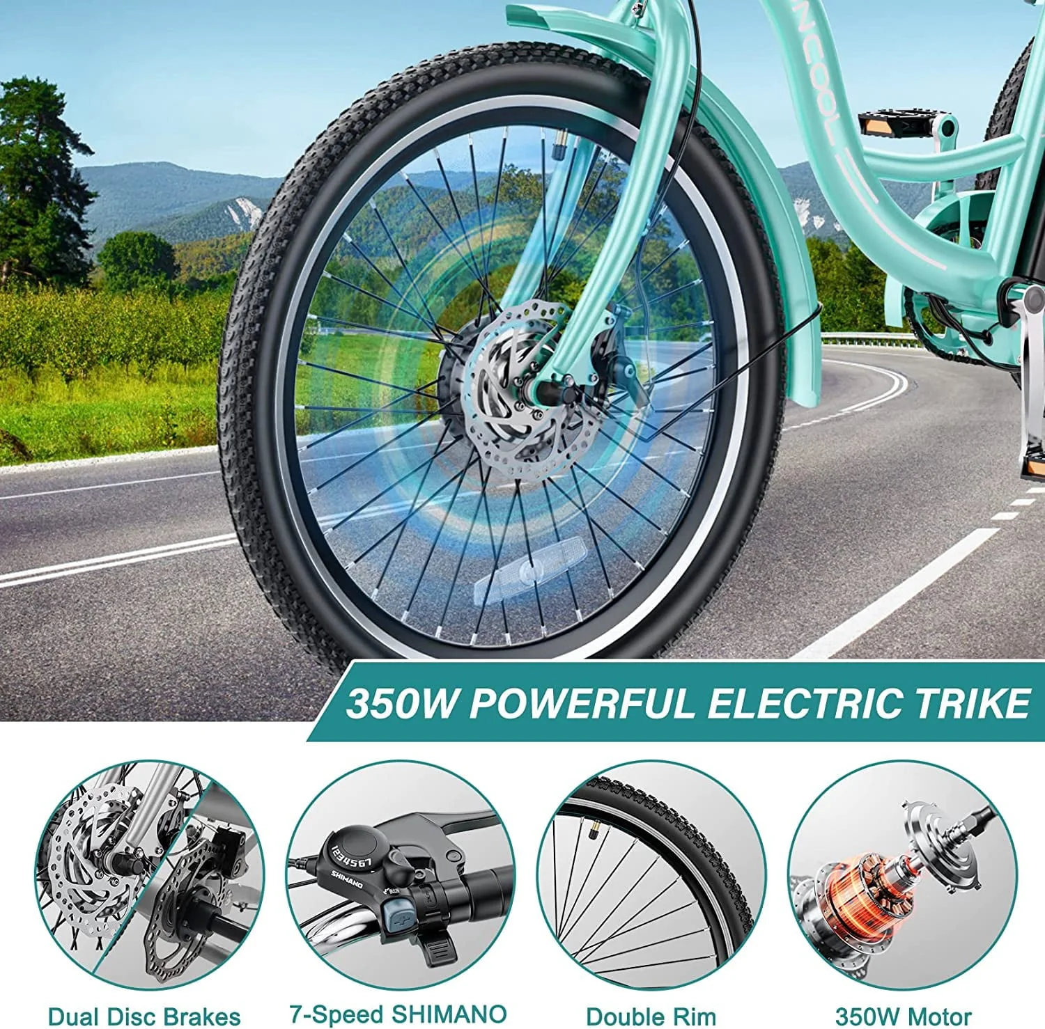 MOONCOOL Electric Tricycle, 350W 36V 24 Inches 7 Speeds 3 Wheels Electric Bikes for Adults, Motorized Electric Trike Three Wheel Electric Bicycle - Image 3