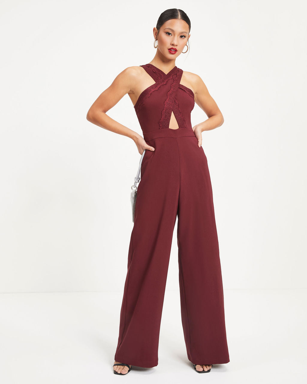 That's Amore Lace Trim Cutout Jumpsuit - Burgundy - Se7enfashion