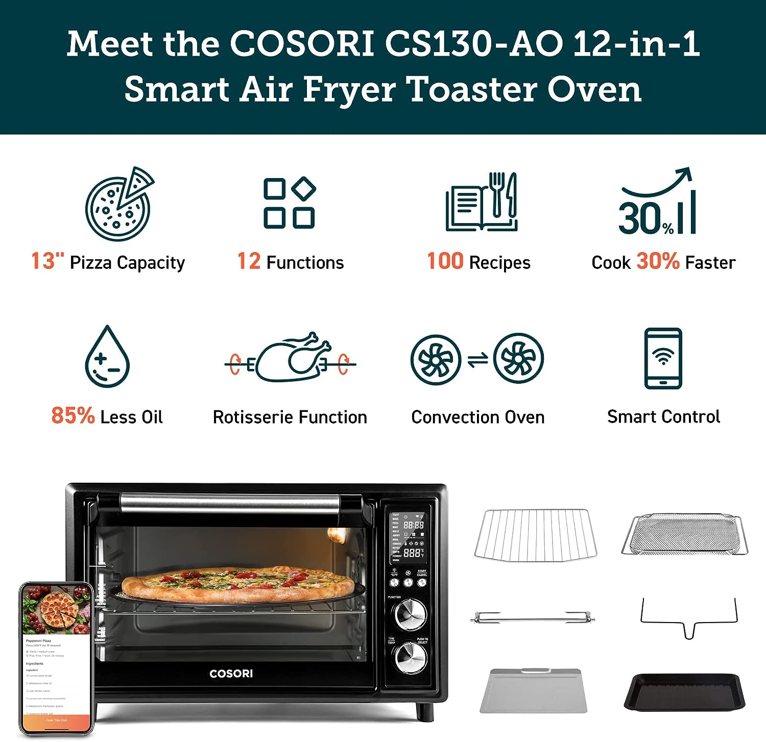 COSORI Air Fryer Toaster Oven Combo 12 Functions Smart 30L Large Countertop Dehydrator 13