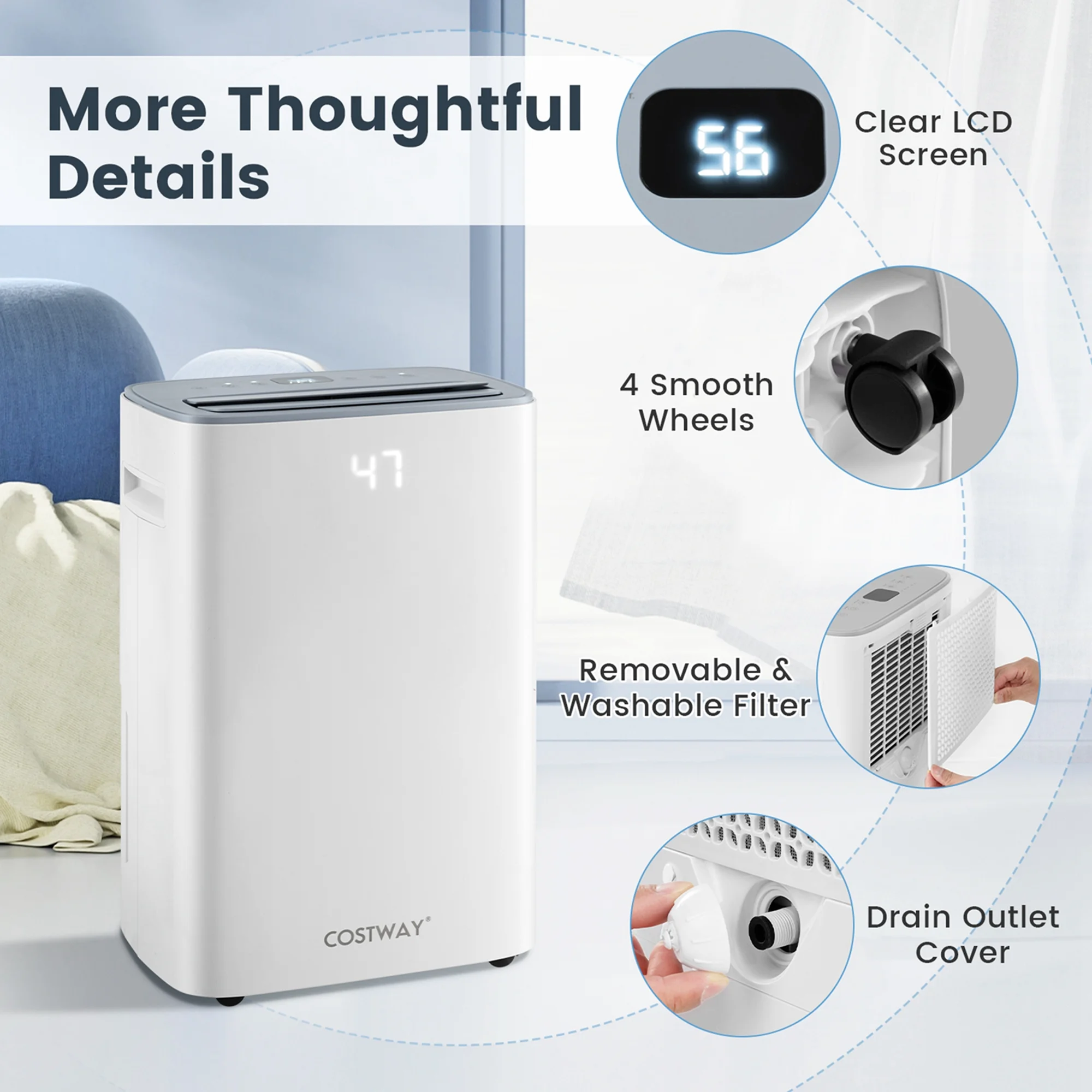 Costway 52 Pint Dehumidifier for Basement 4500 Sq. Ft Portable Dehumidifier 24H Timer - Image 2