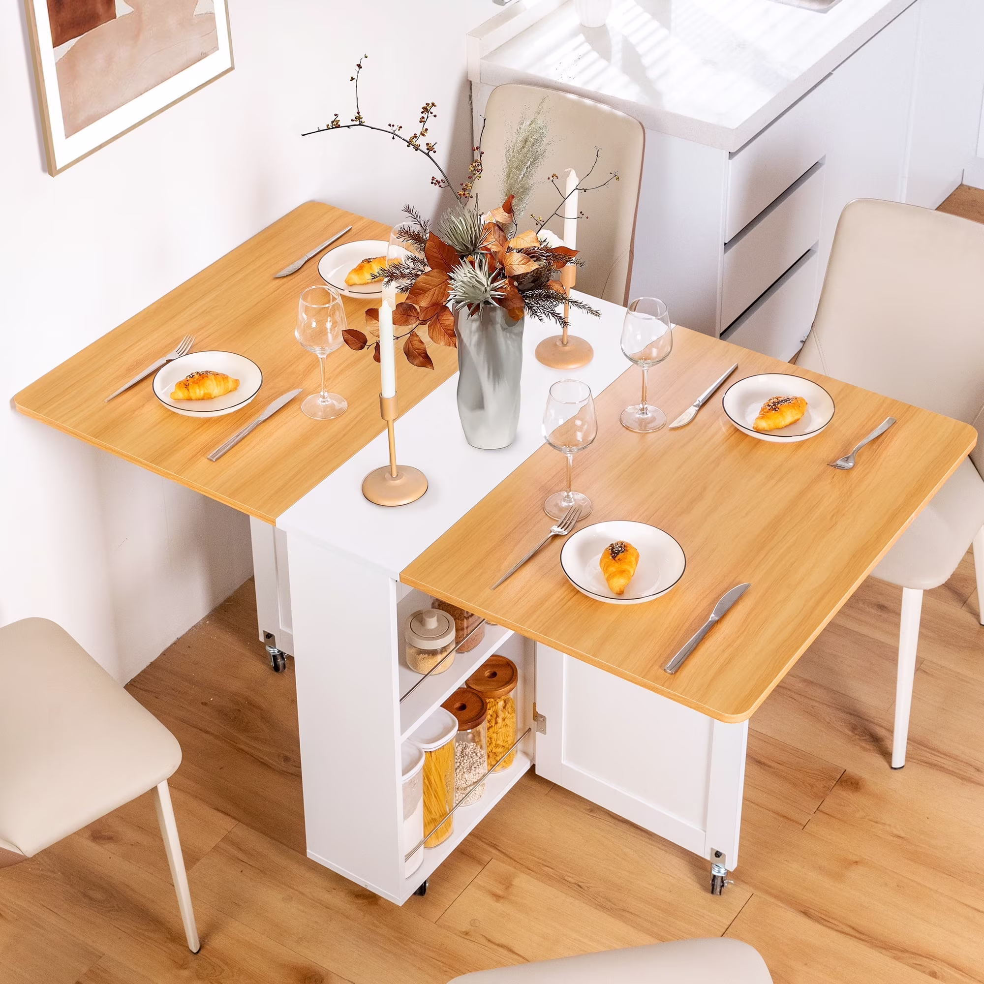 spanspace Folding Dining Table, Drop Leaf Dining Table with 6 Wheels and 2-Layer Storage Shelf, Space Saving Dining Table for Small Spaces,Folding Kitchen Table,White
