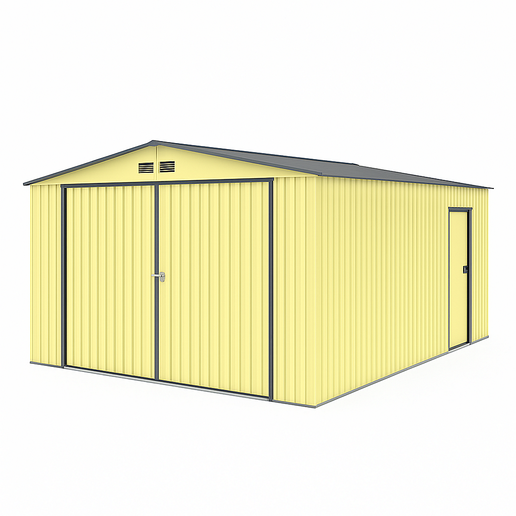 Garaje de metal, con puertas corredizas y acceso lateral, color amarillo.
