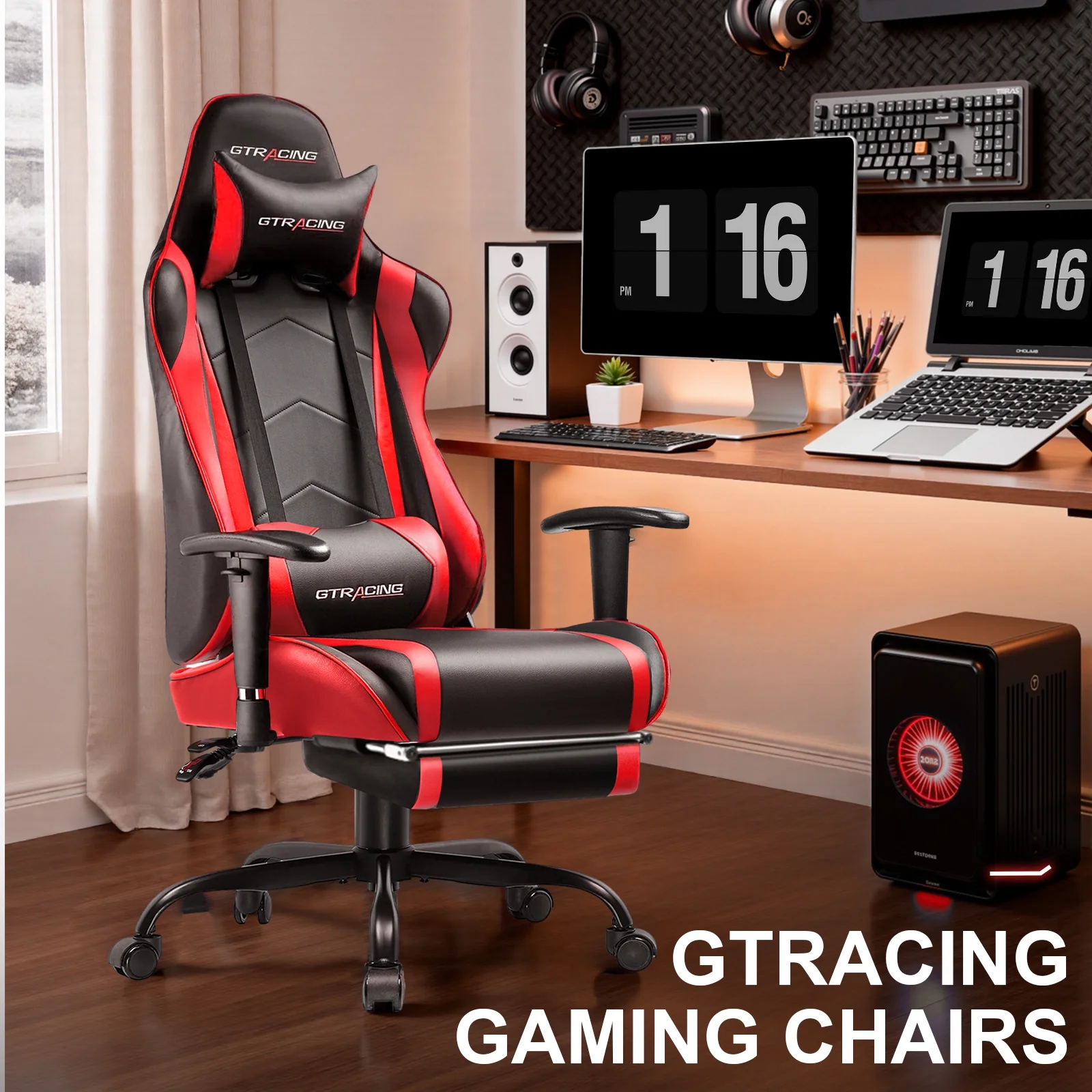 GTRACING Gaming Chair, Ergonomic Office Desk Chair with Lumbar Support, PU Leather, Footrest & Adjustable Headrest, Red - Image 2