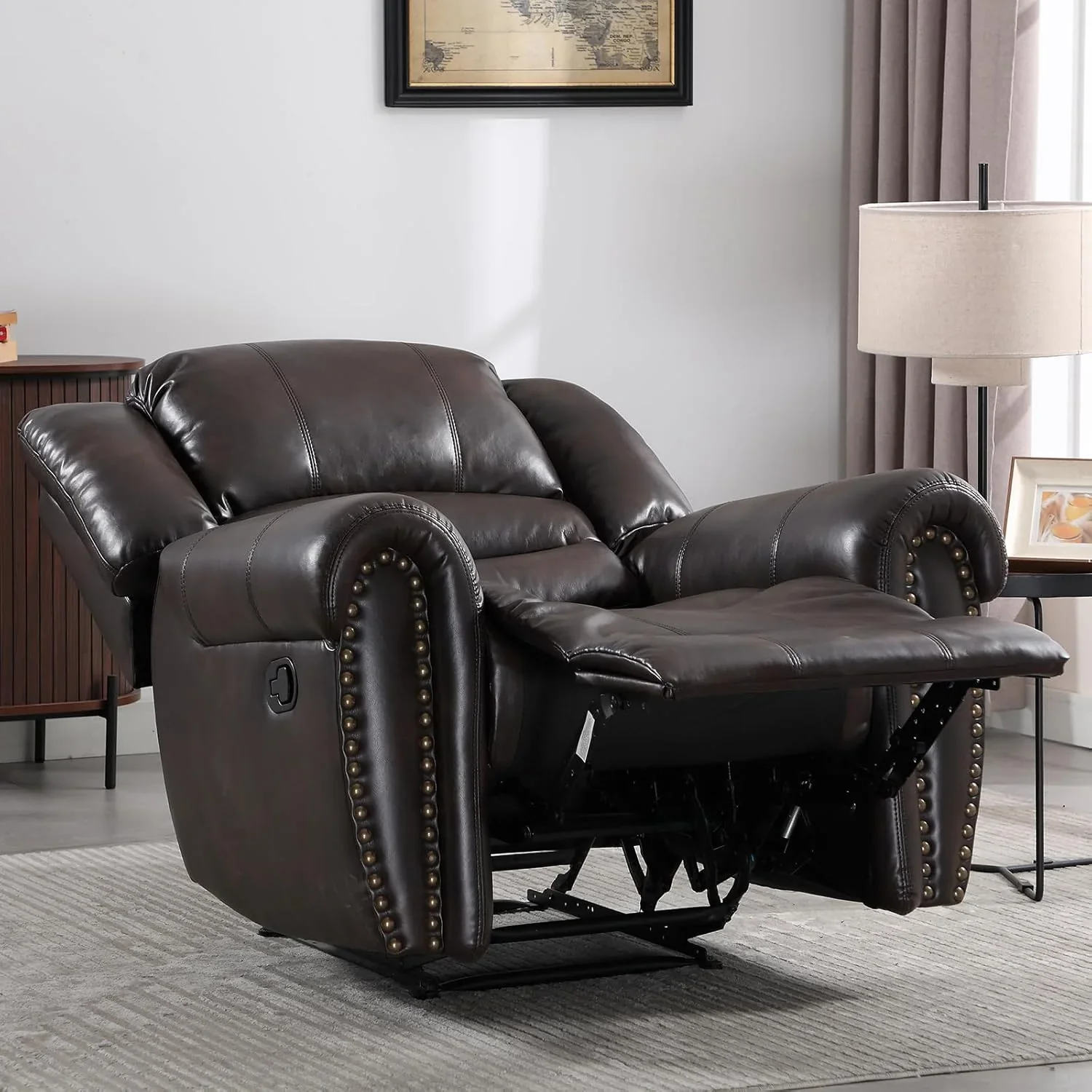 CANMOV Leather Recliner Chair, Classic and Traditional Manual Recliner Chair with Comfortable Arms and Back Single Sofa for Living Room, Nut Brown