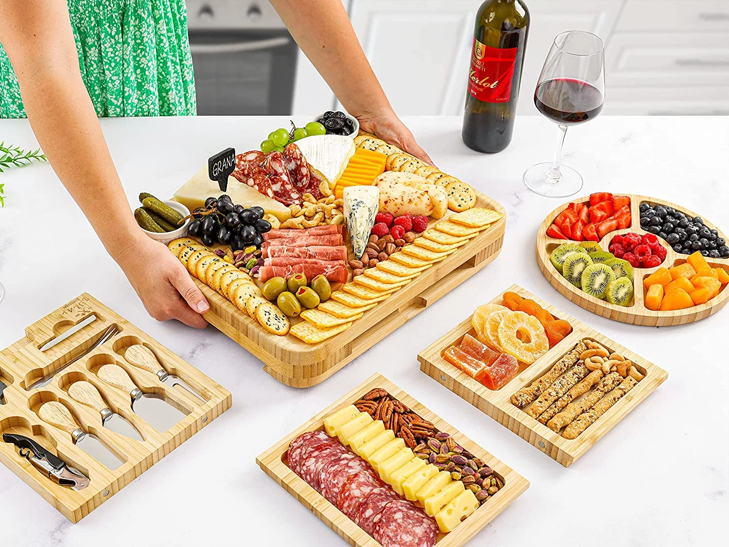 Zulay Kitchen Bamboo Cheese Board Set Extra Thick Charcuterie Board 15 Piece - Deluxe Set - Image 3
