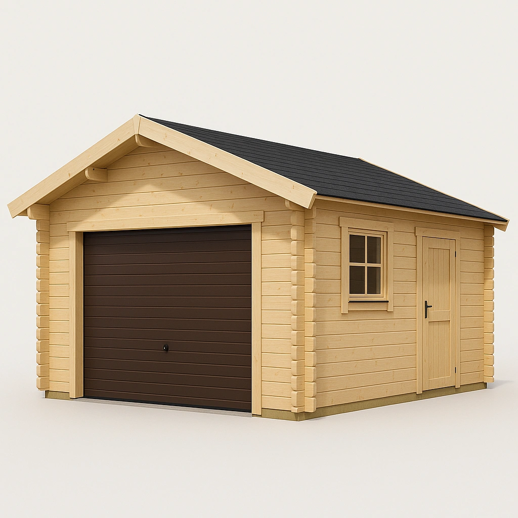 Garaje de madera con puerta y ventana de color madera natural 5x3x2.5m