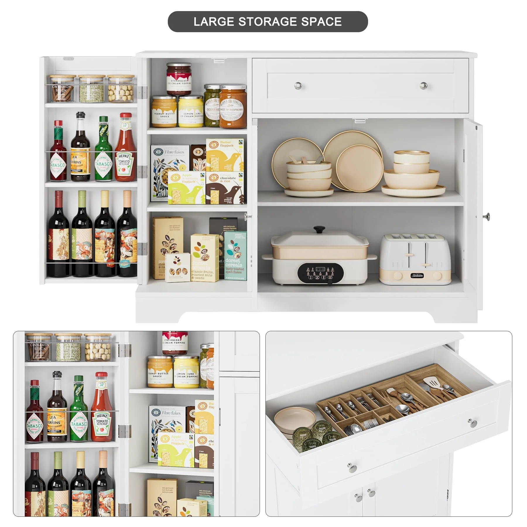 Homfa 41'' Kitchen Storage Cabinet, Pantry Cabinet with Drawers and Adjustable Shelf, Buffet Cabinet Sideboard for Dinning Room, White - Image 3