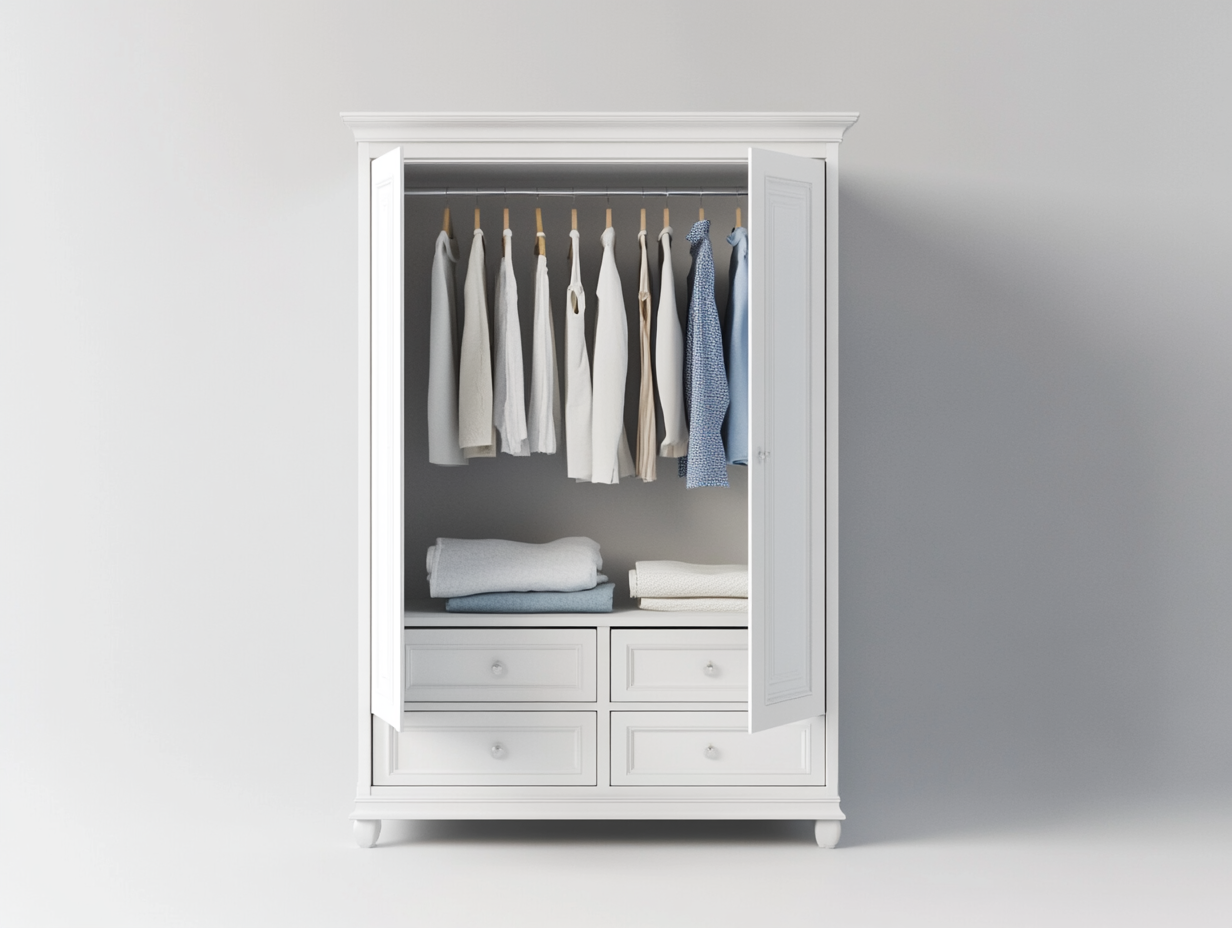 Armario blanco de madera con diseño clásico para dormitorio con dimensiones adecuadas y funcionalidad óptima