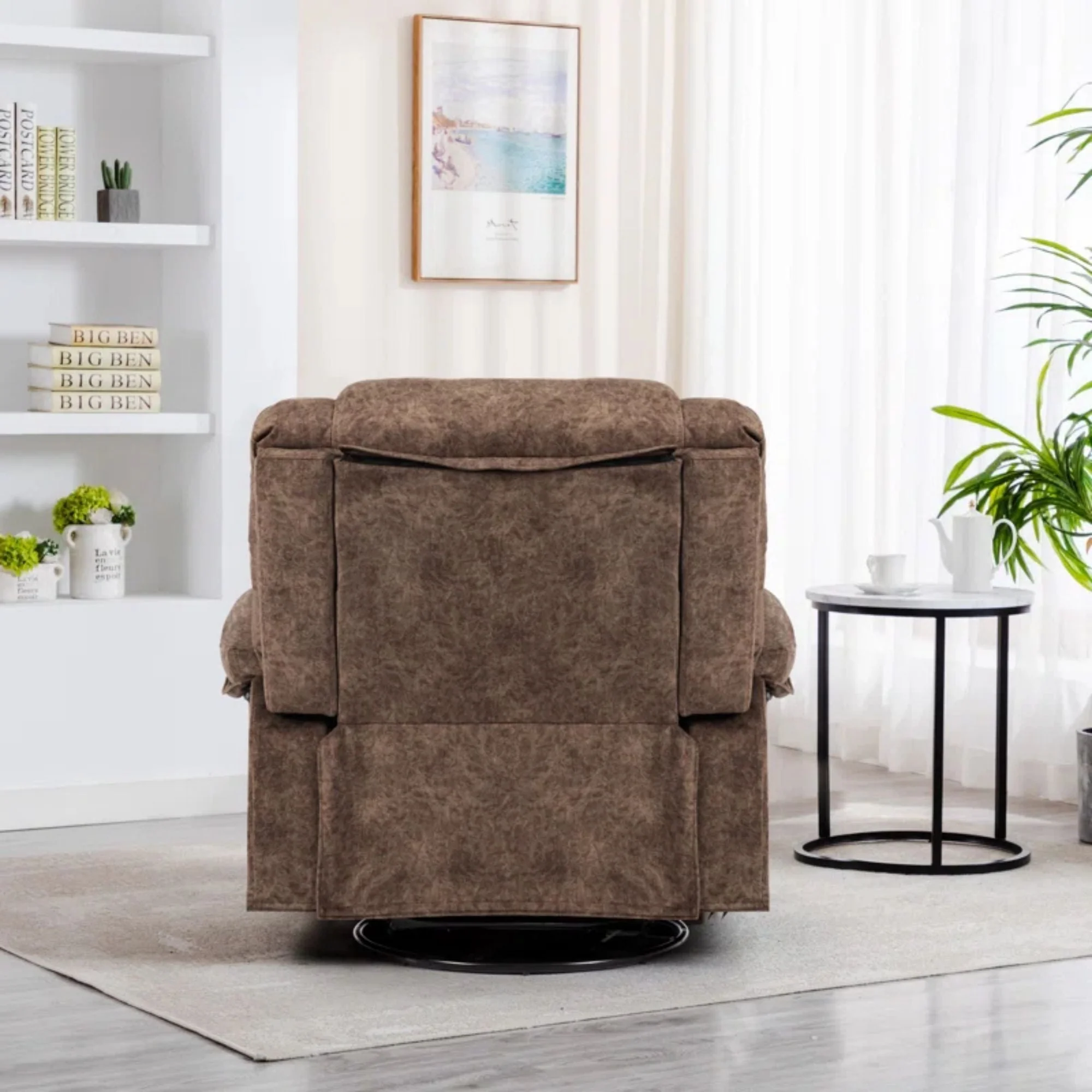 Colerline 35.43" Wide Modern Velvet Upholstered Heating & Massage Swivel Reclining Rocker Chair with Hidden Cupholders for Living Room and Bedroom, Brown - Image 6