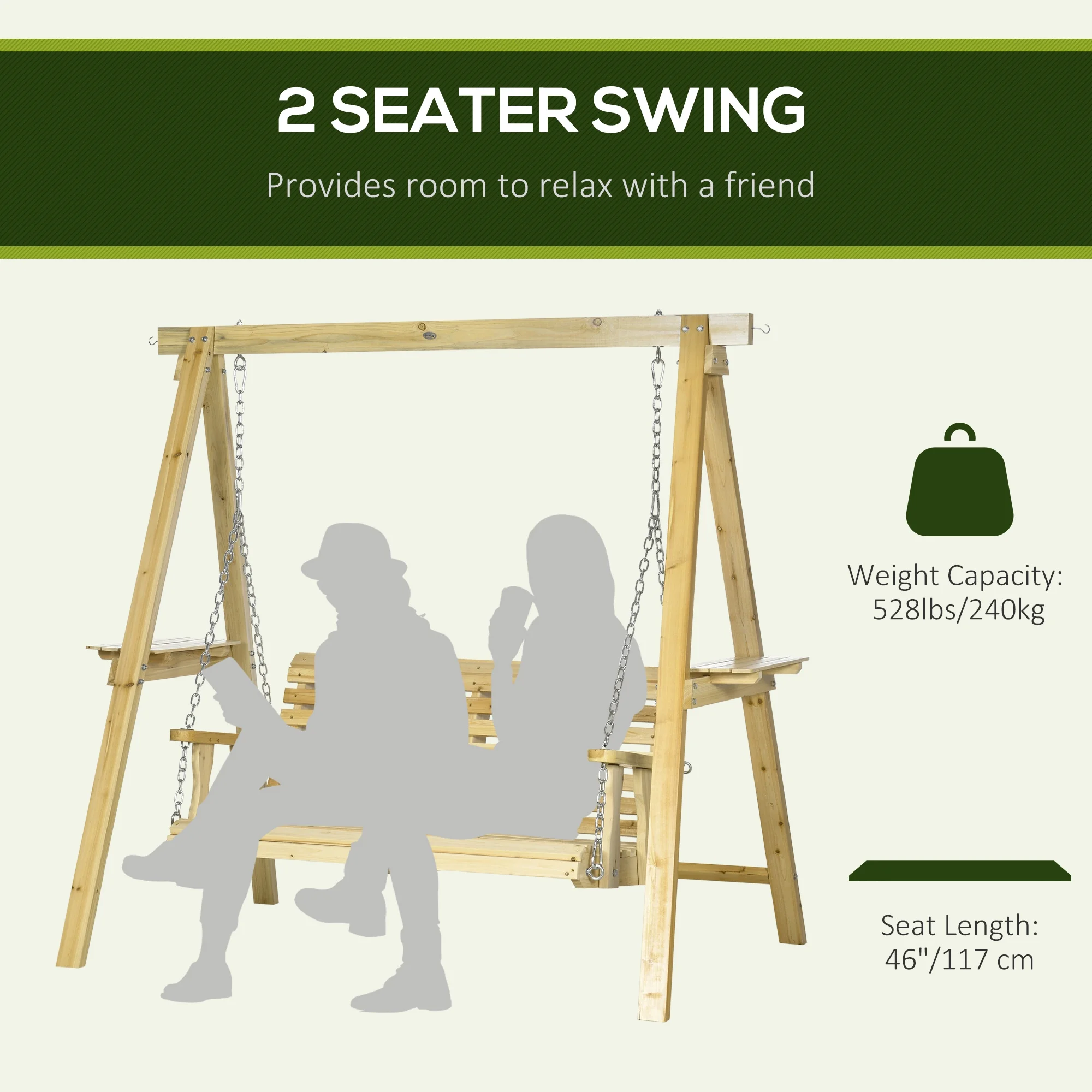 Outsunny 2-Seat Outdoor Swing Chair, Porch Swing with Stand and Side Tables, for Garden, Poolside, Backyard, Natural - Image 3