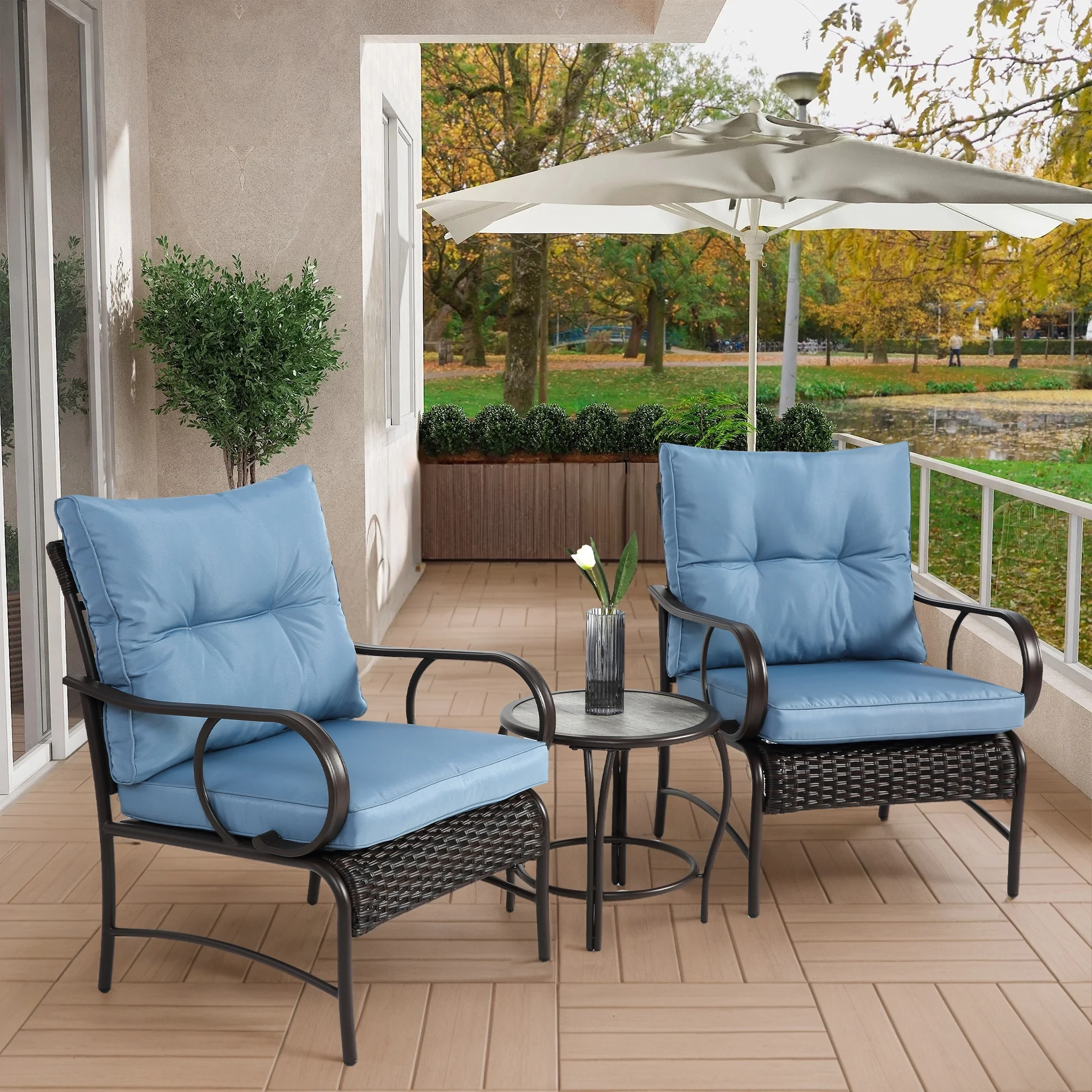 Villeston 3 Piece Outdoor Wicker Conversation Patio Set, with 2 Chairs, Table for Porch Garden,Blue - Image 7
